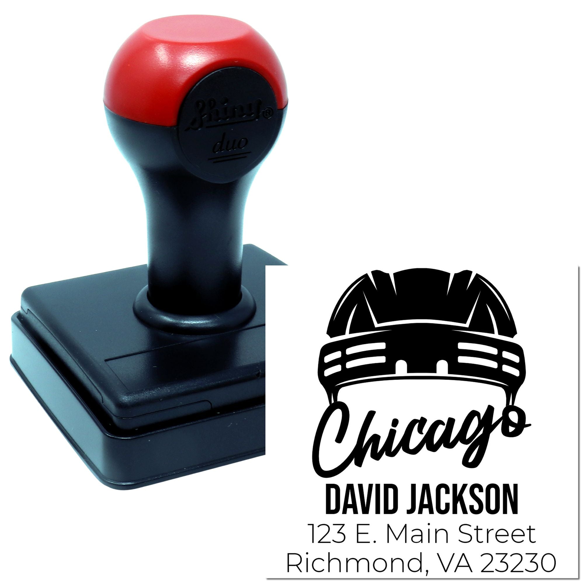 Custom self-inking rubber stamp with Chicago return address, name, logo, and business address.