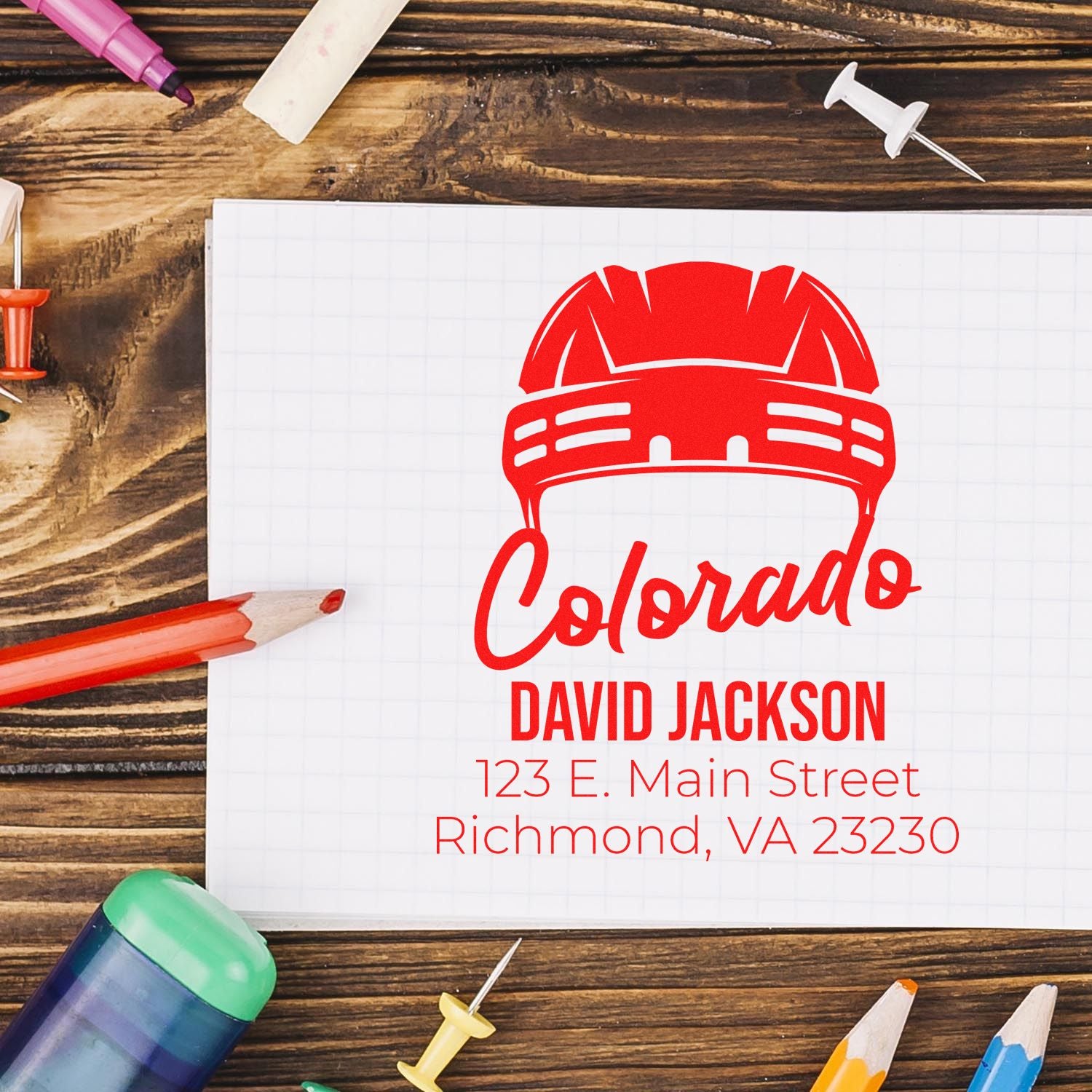 Custom rubber address stamp with Colorado hard hat logo, David Jackson name, and Richmond, VA address.