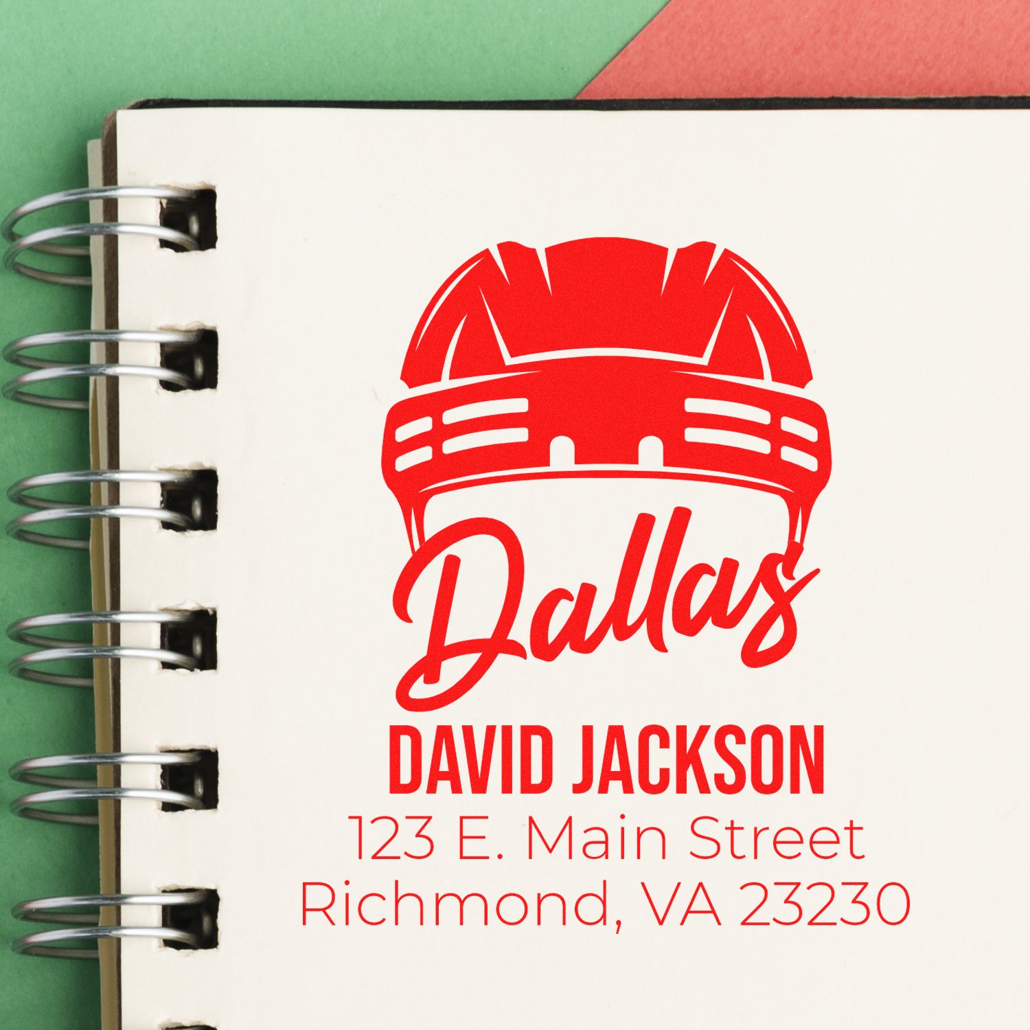 Custom rubber stamp design for contractor David Jackson with hard hat logo, name, and Richmond, VA return address.