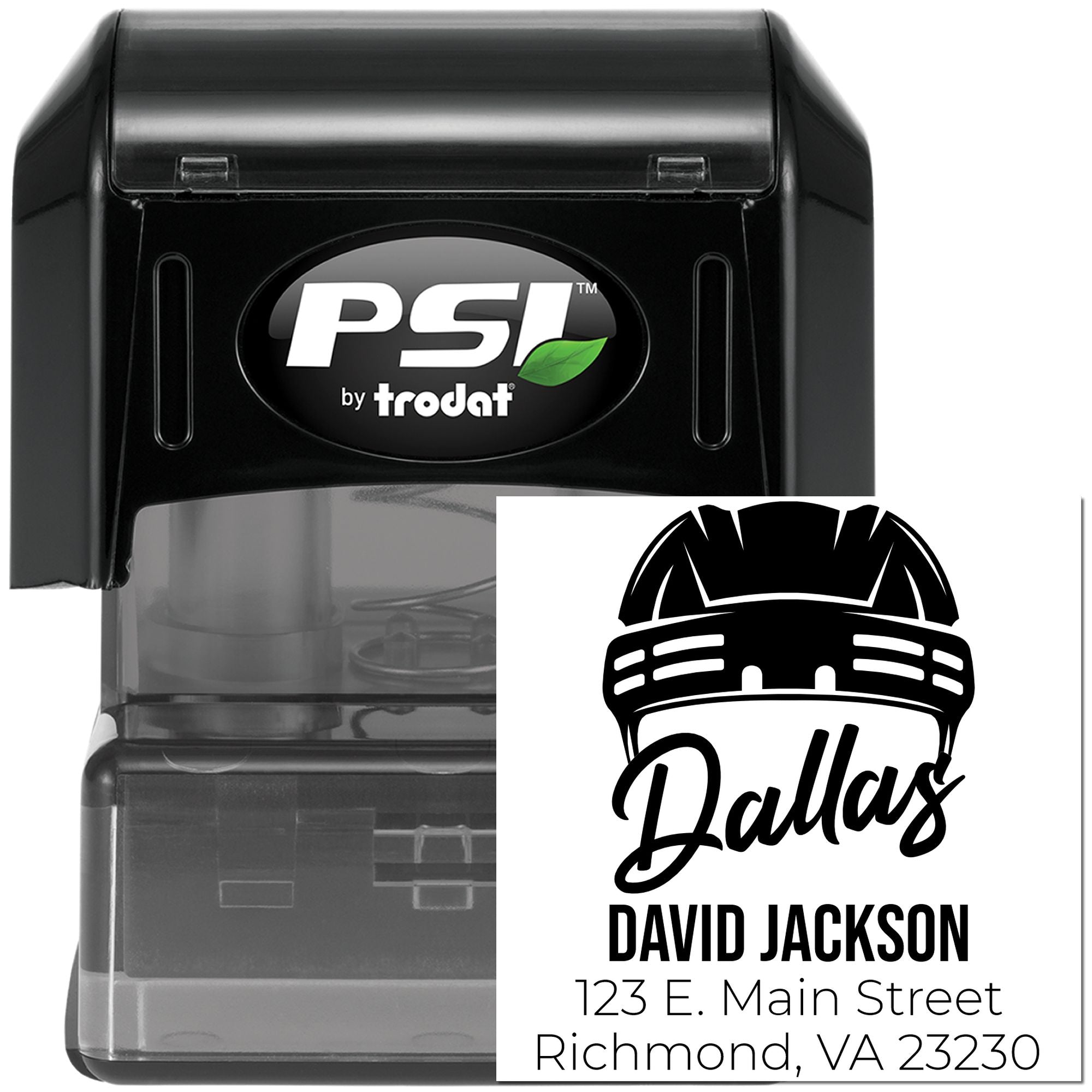 Custom self-inking address rubber stamp with hard hat logo, Dallas name, and return address for business use.