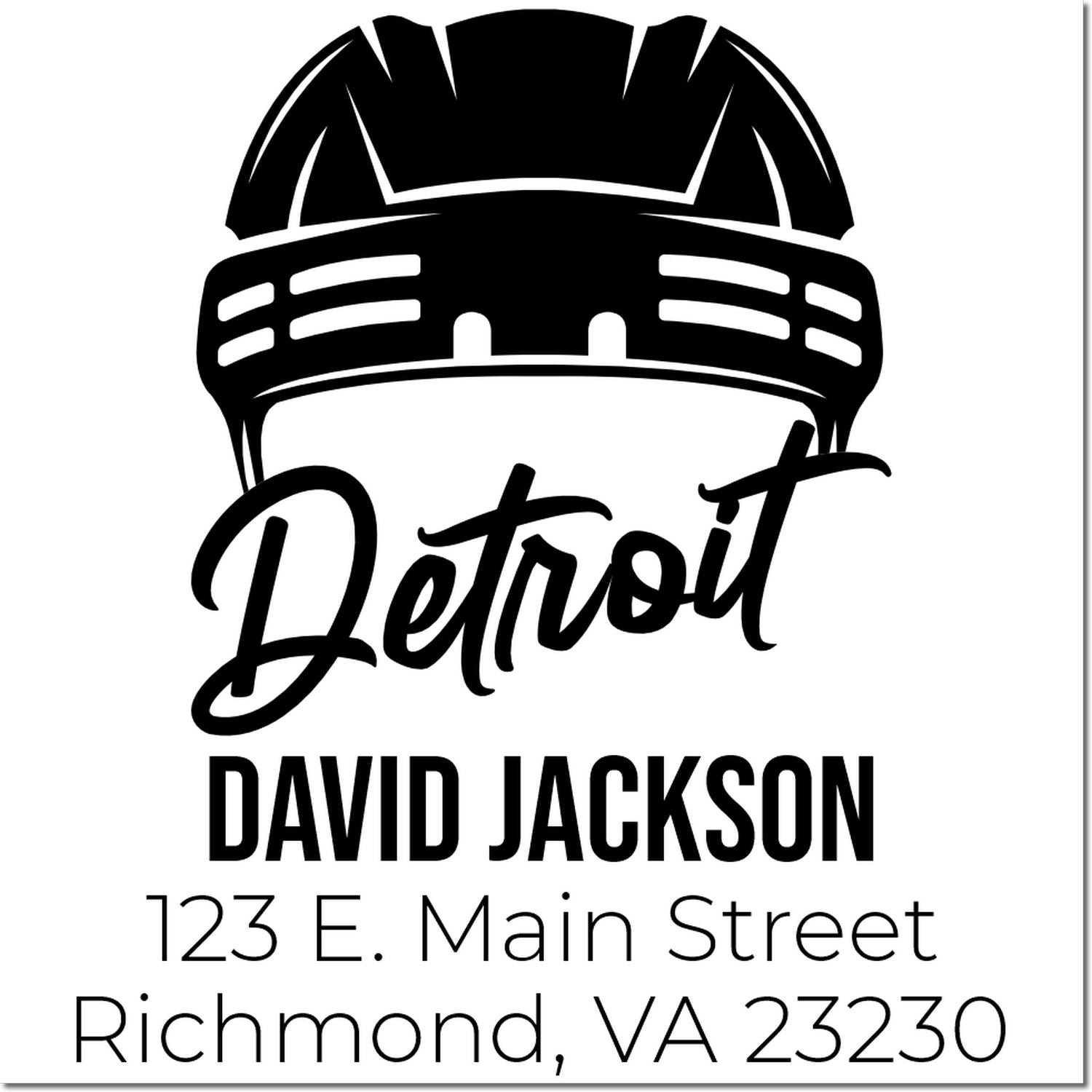Personalized Detroit firefighter rubber stamp with name, address and helmet logo for custom mailing or business use.