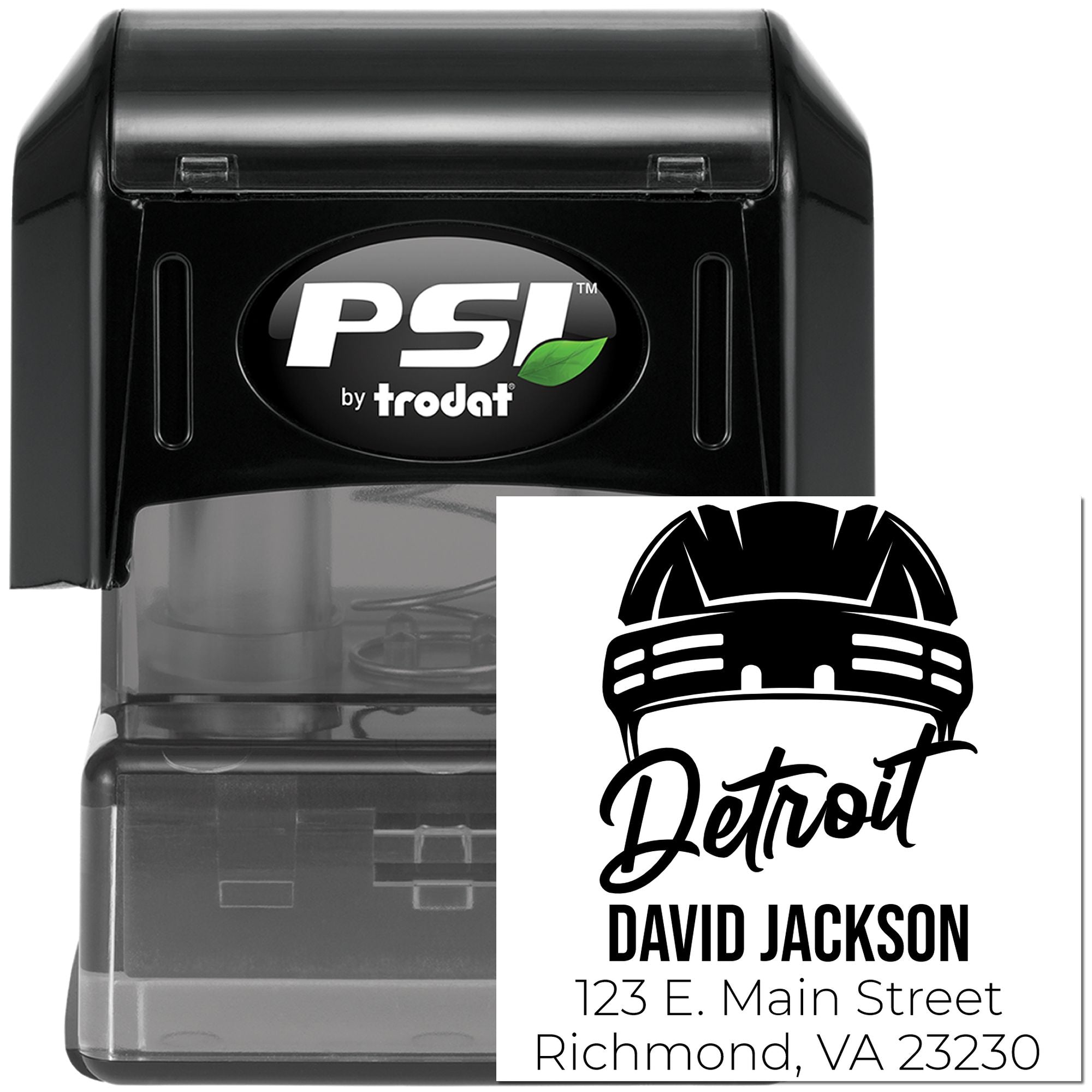 PSI by Trodat self-inking rubber stamp with custom Detroit return address design for David Jackson