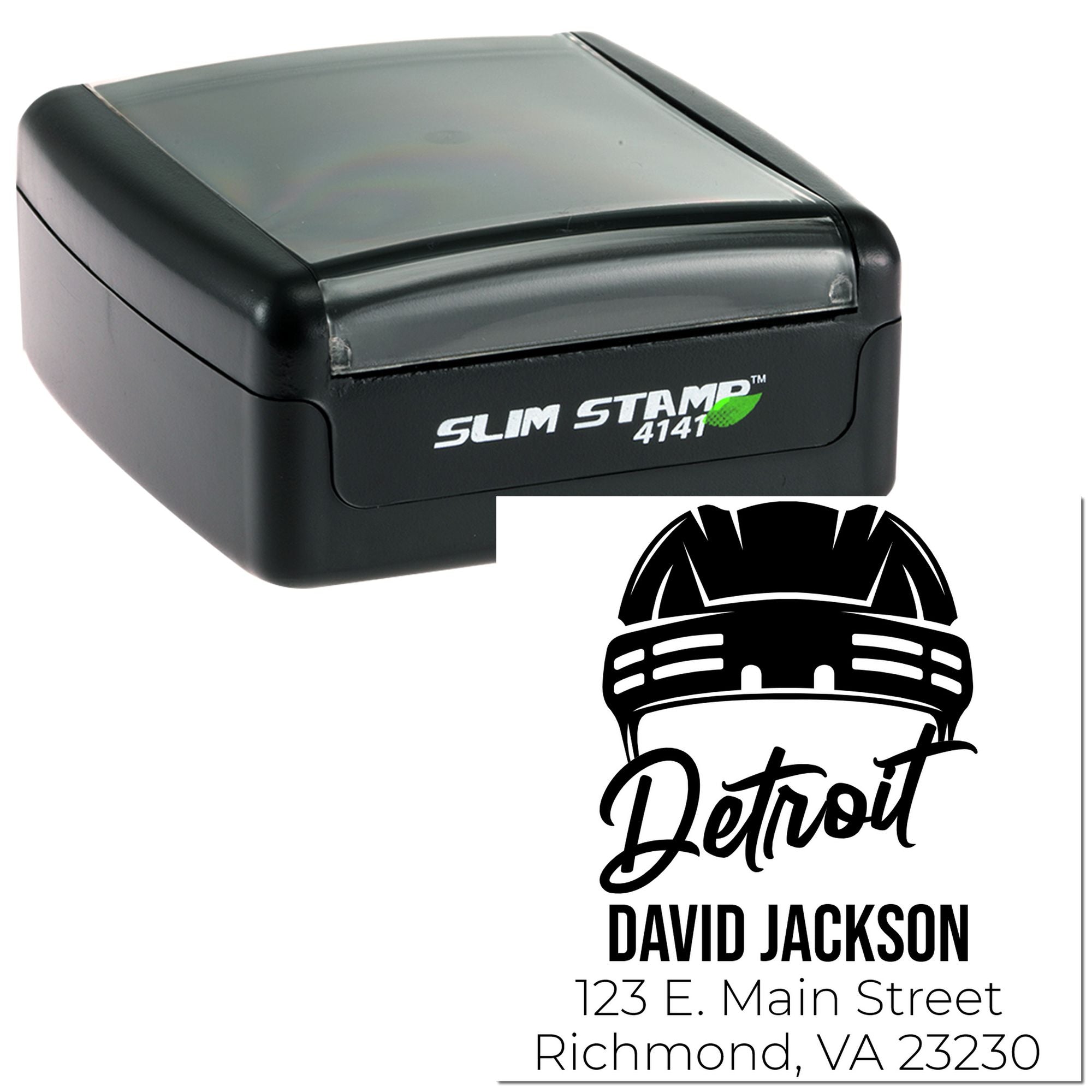 Custom self-inking rubber stamp with Detroit design, name, and return address for personalized mailing.