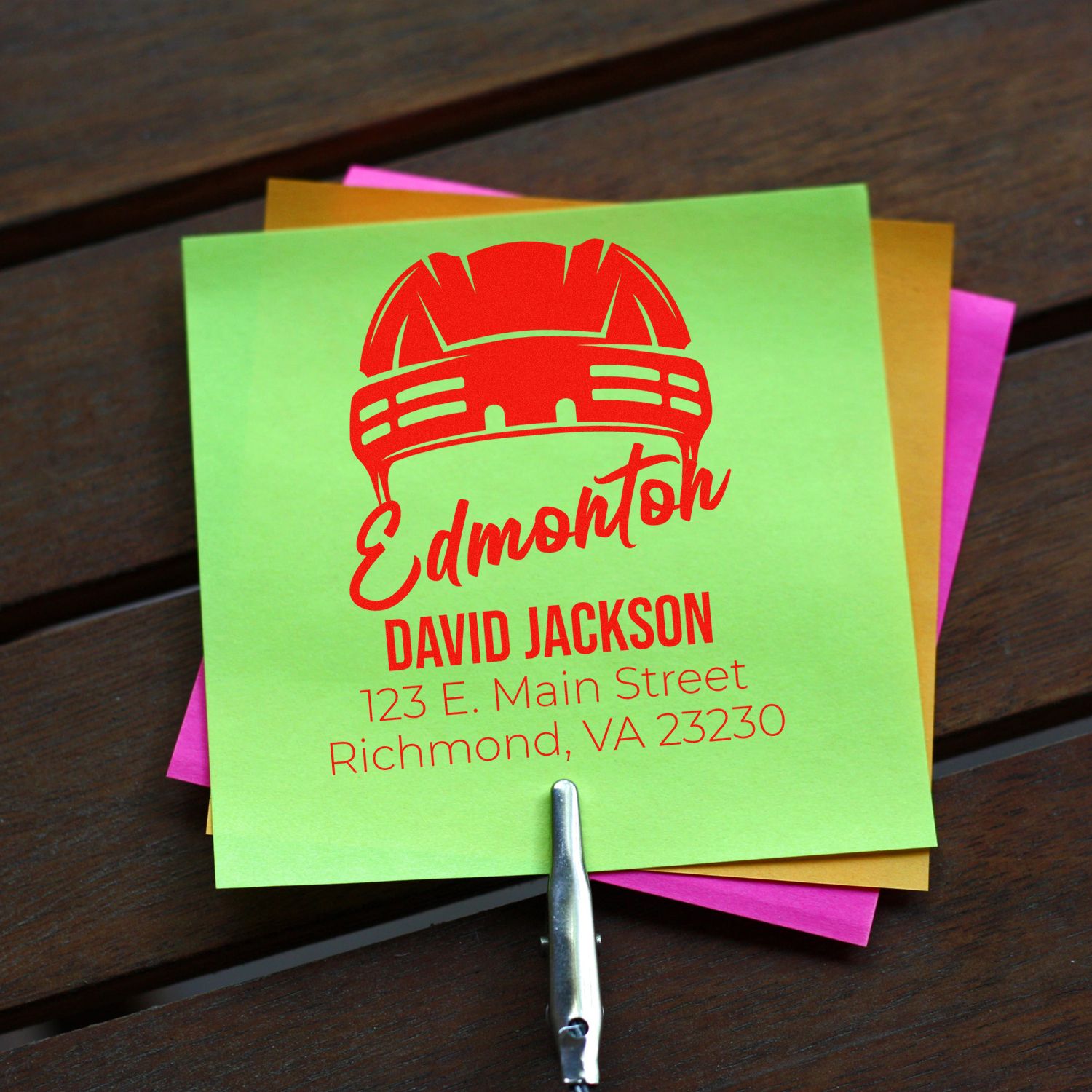 Custom return address rubber stamp for David Jackson with Edmonton design, Richmond, VA 23230.