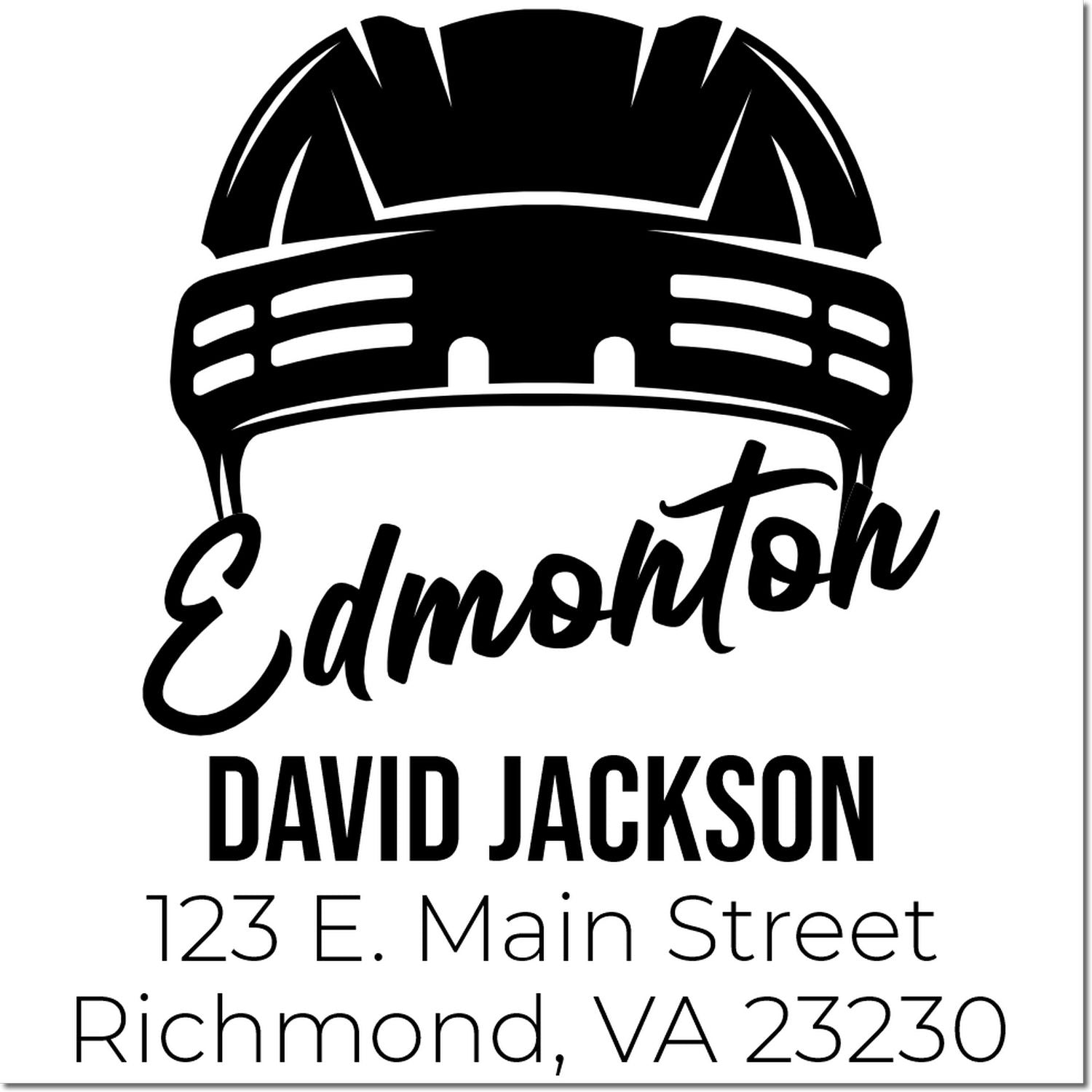 Custom Edmonton hard hat address stamp for David Jackson, 123 E. Main Street, Richmond, VA 23230