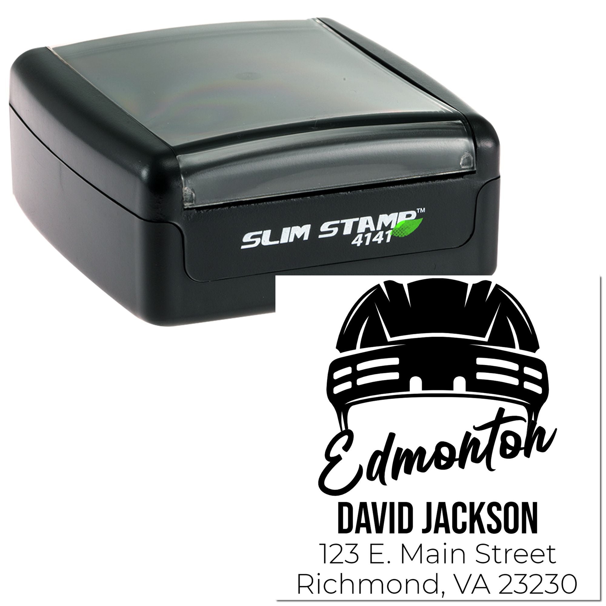 Custom self-inking rubber stamp with Edmonton hard hat logo, name, and address for David Jackson, Richmond VA.