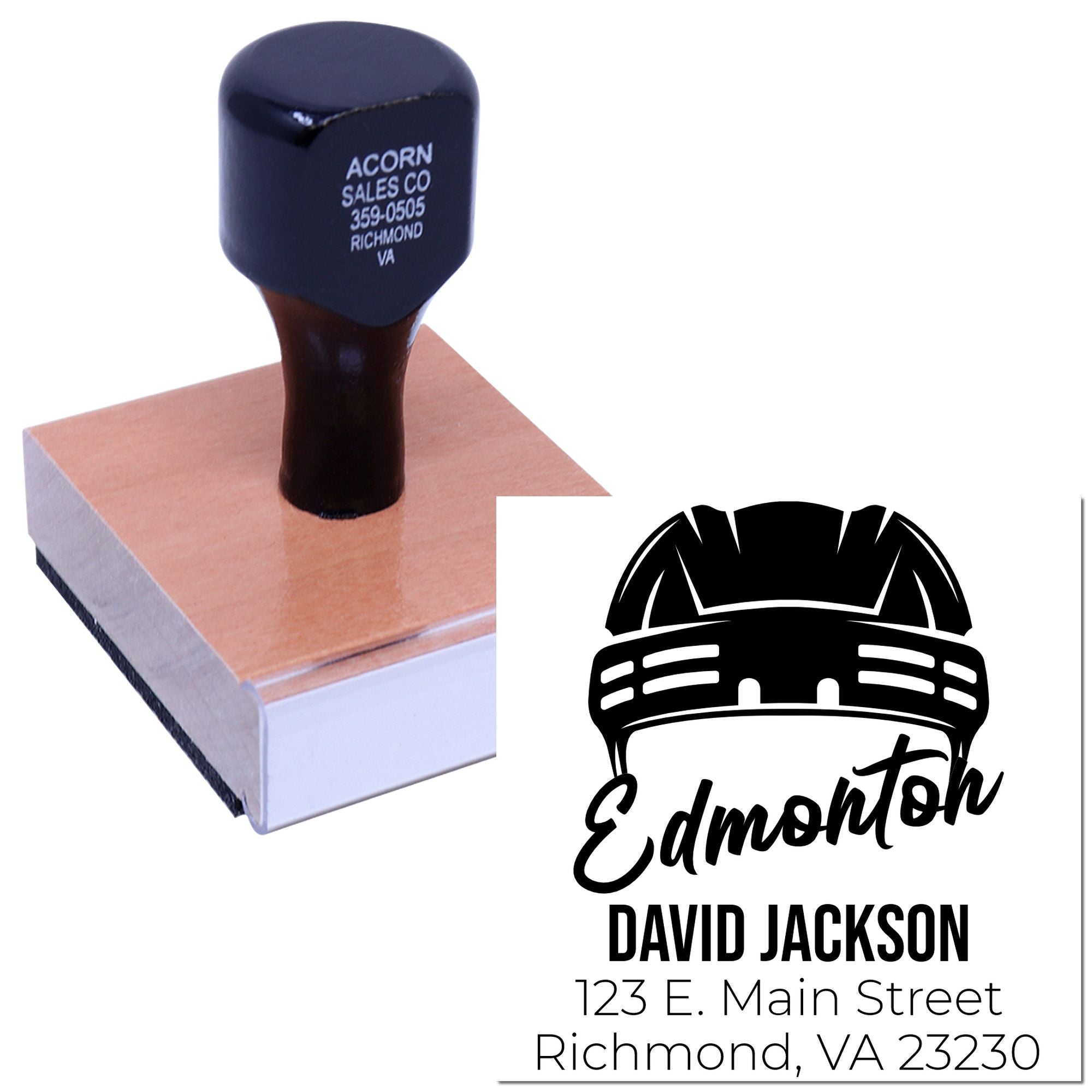 Custom return address rubber stamp with Edmonton logo and David Jackson imprint for business mailings