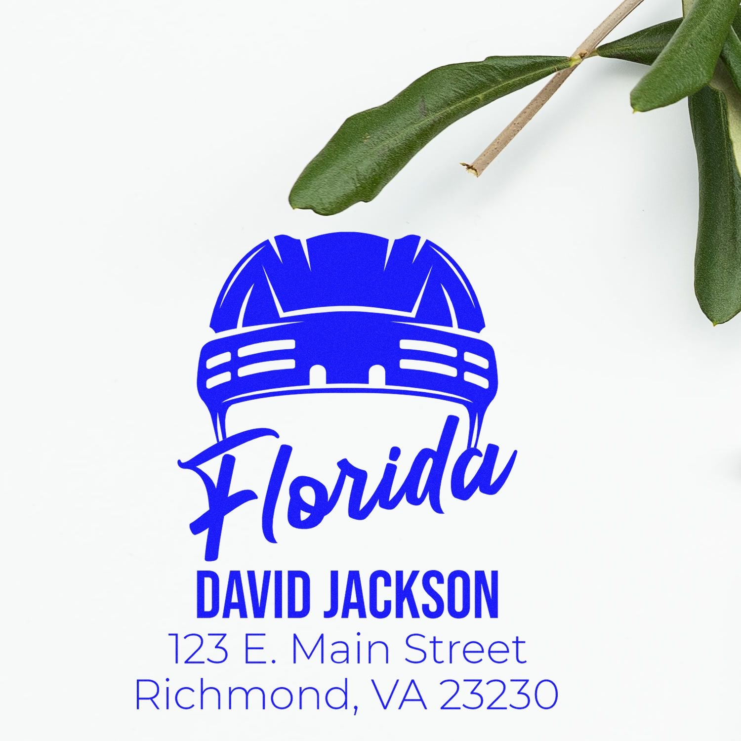 Custom Florida rubber stamp design with hard hat logo, David Jackson name, and Richmond, VA return address.