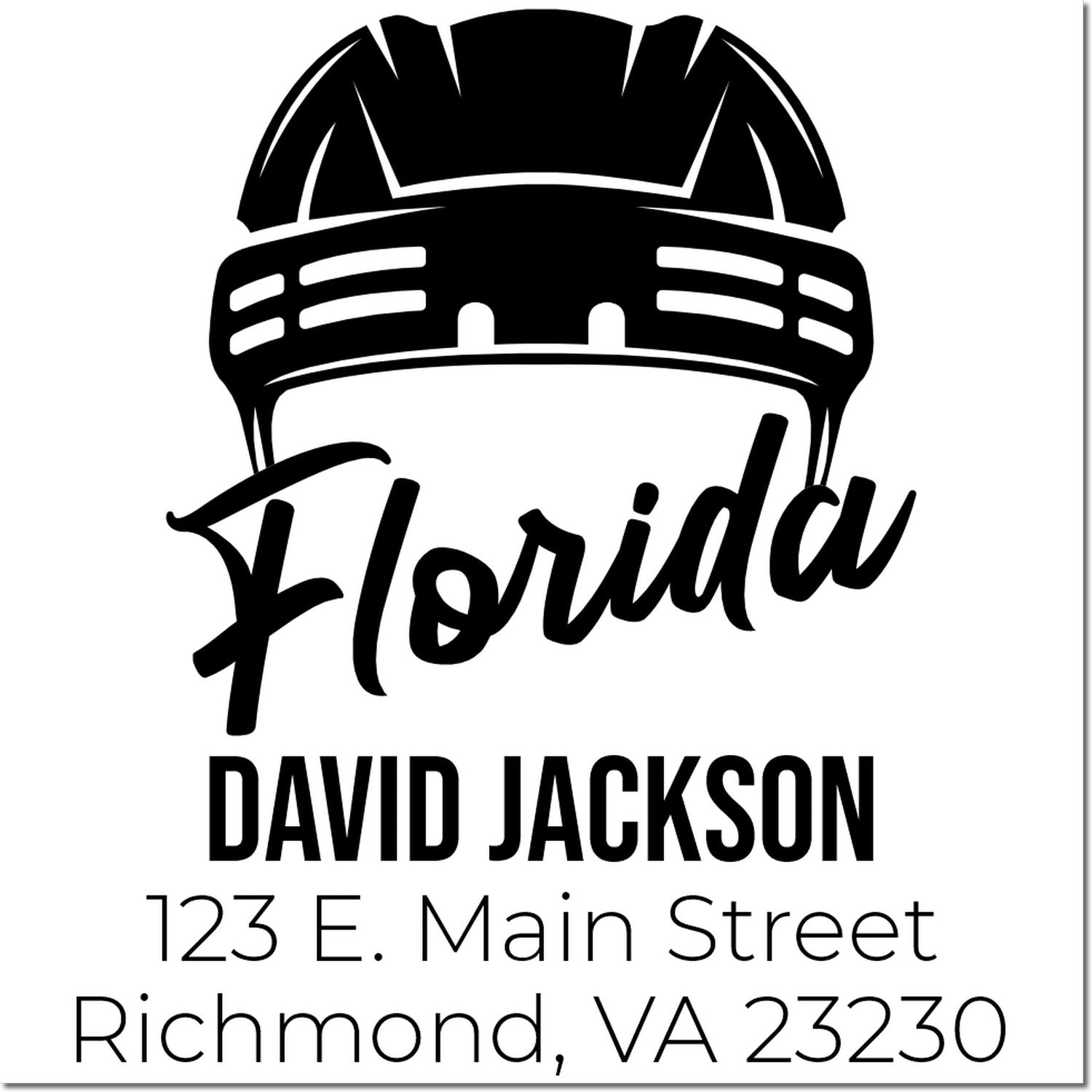 Custom construction rubber stamp design with hard hat logo, Florida name, David Jackson, and Richmond, VA 23230 address.