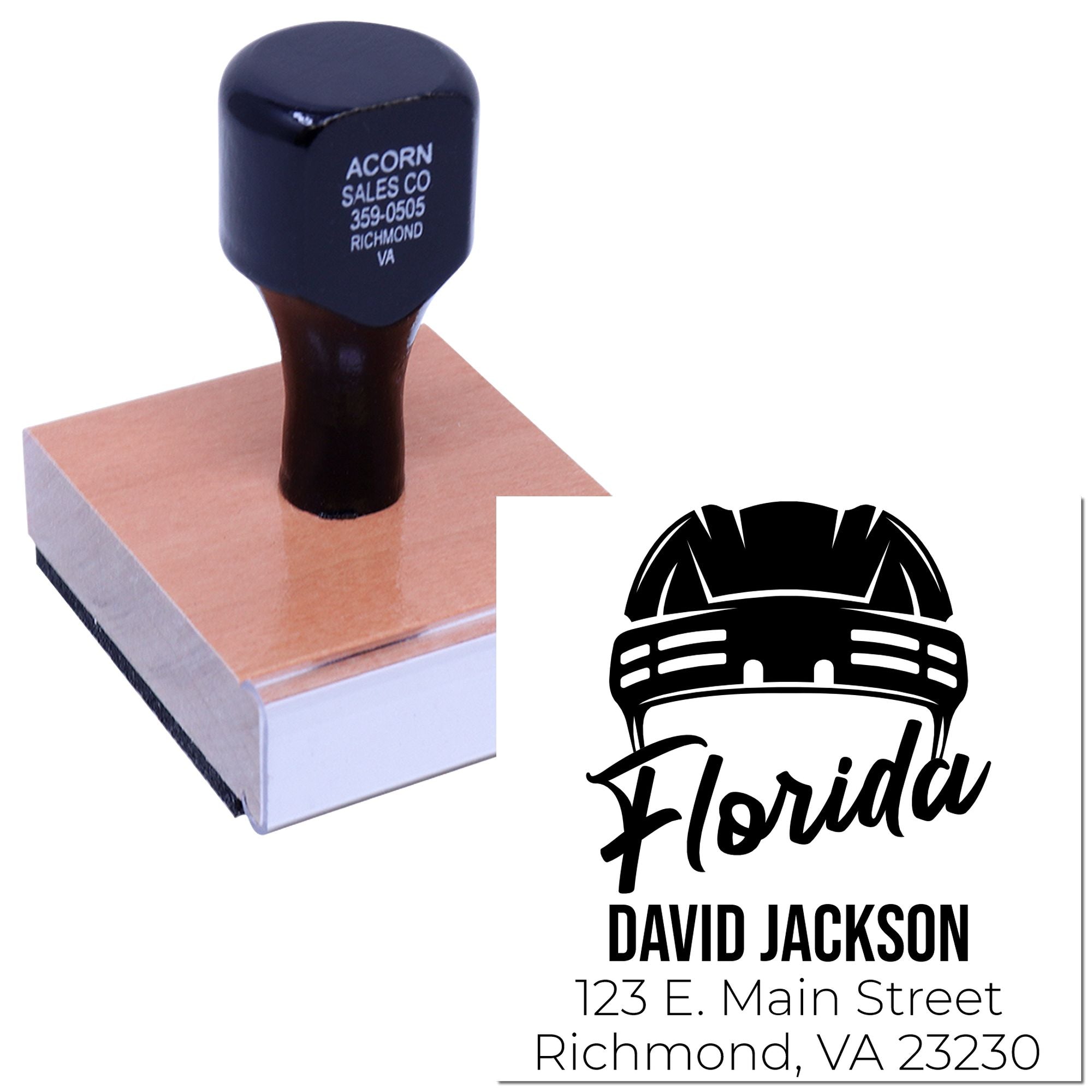 Custom Florida construction logo rubber stamp showing David Jackson address imprint for business branding.