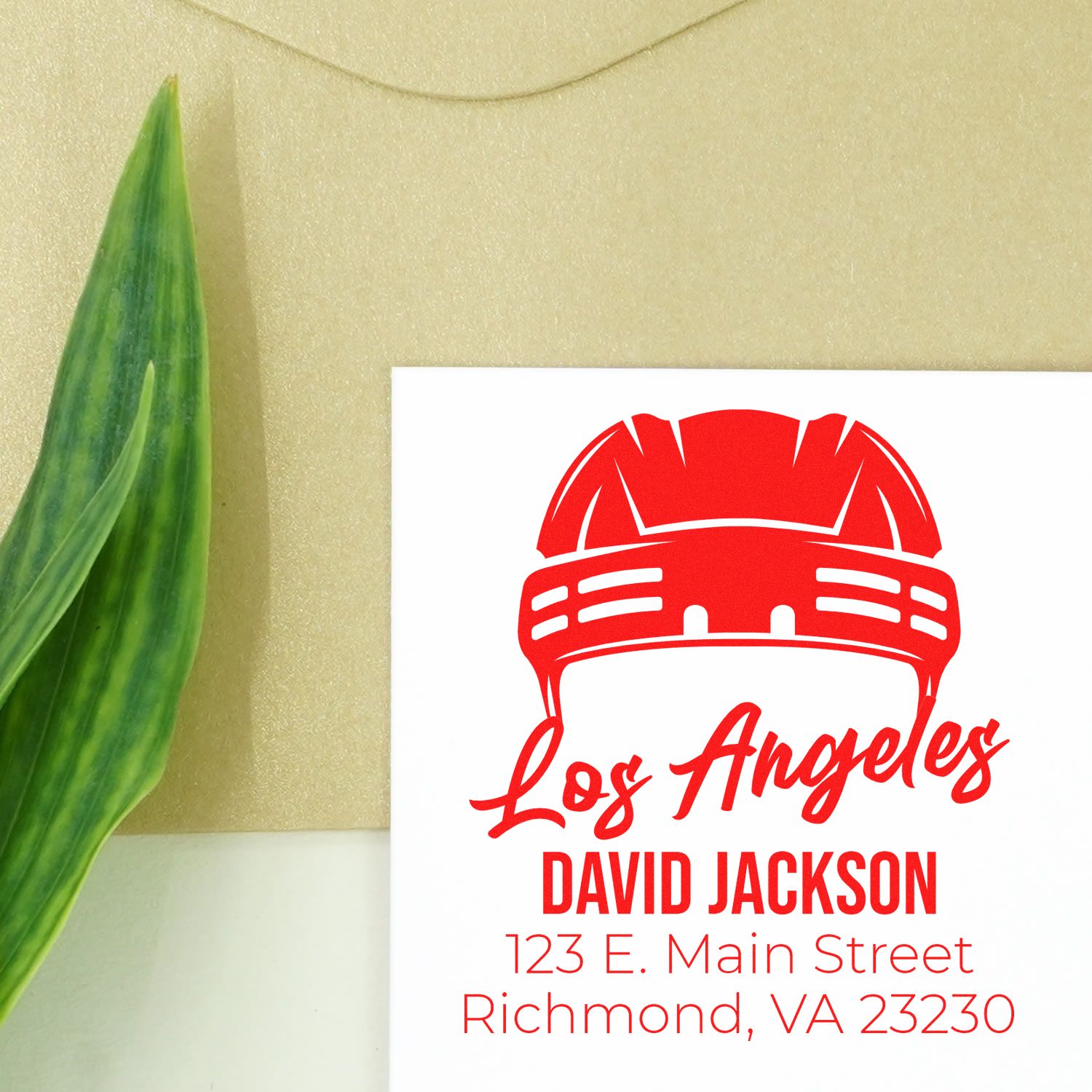 Custom business rubber stamp with Los Angeles hard hat logo, David Jackson name, and Richmond, VA address.