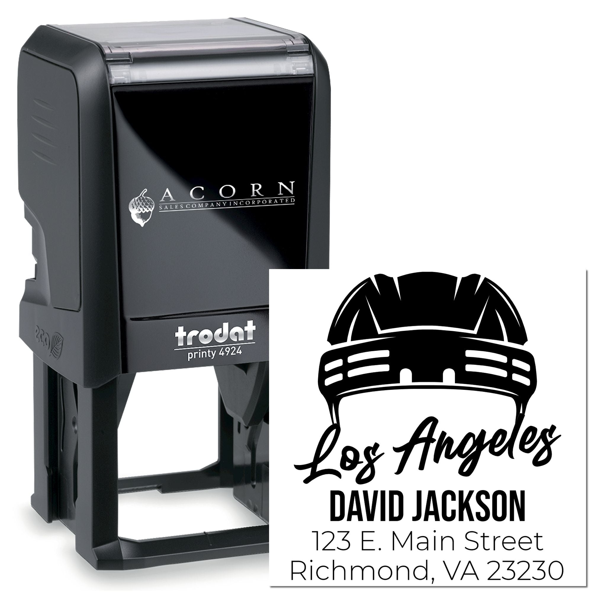 Custom self-inking rubber stamp featuring a construction hard hat logo, name, and address for David Jackson.