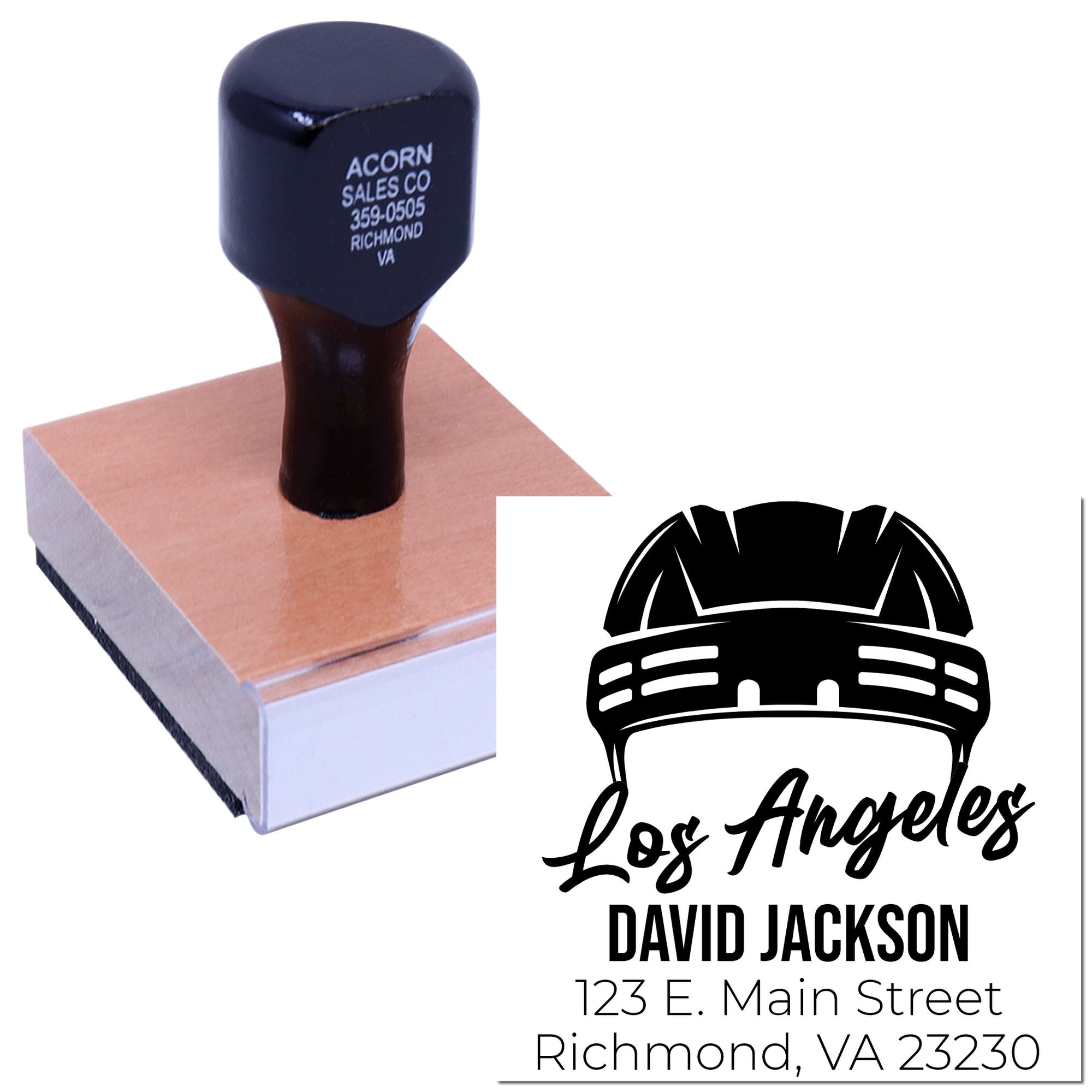 Custom rubber address stamp with logo, name, and address imprint for business branding, mailing, and packaging.