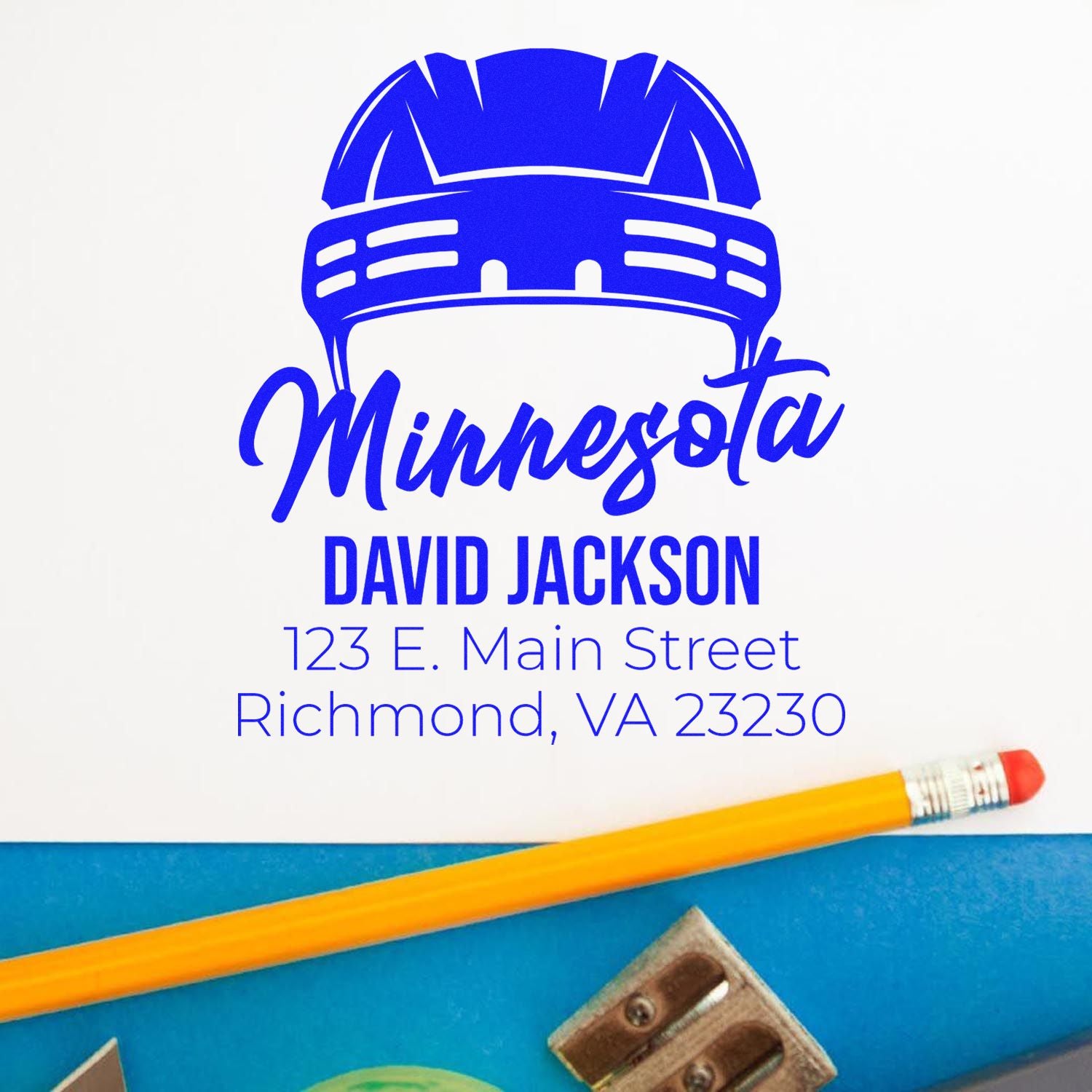 Personalized Minnesota hockey helmet return address rubber stamp for David Jackson, Richmond, VA.