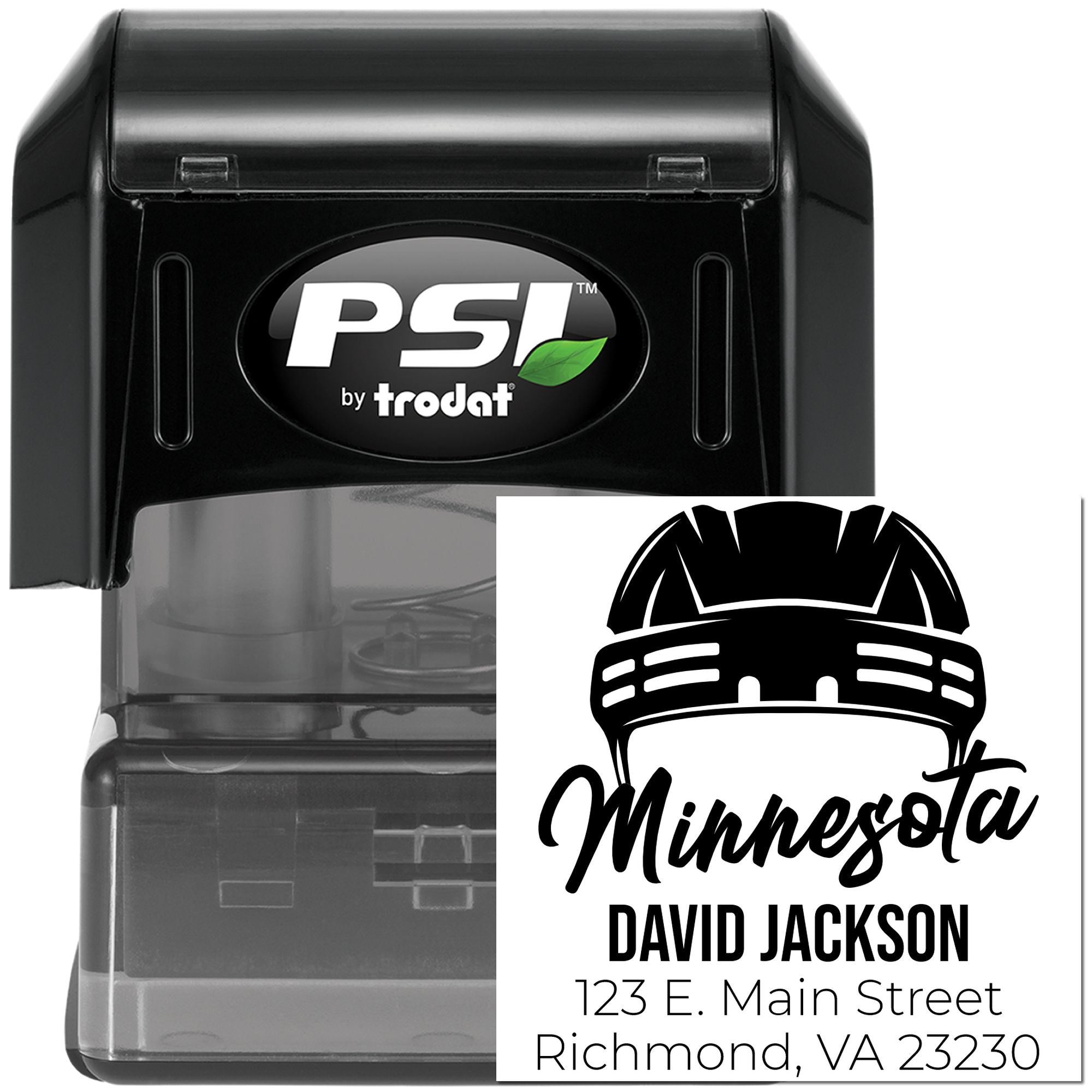 Custom self-inking rubber stamp by PSI Trodat with logo, Minnesota name, and return address imprint example.