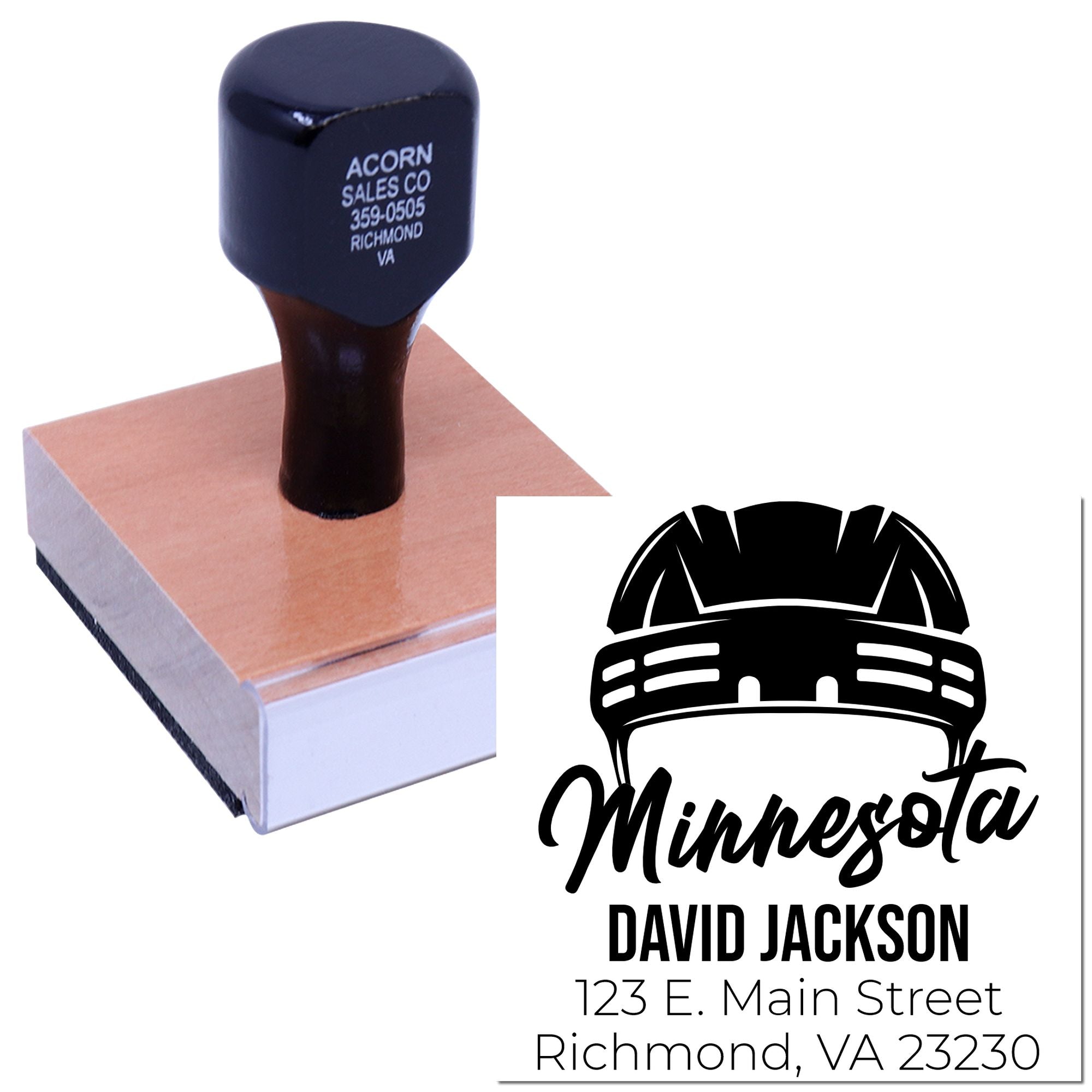 Custom rubber address stamp with Minnesota logo, David Jackson name, and Richmond address for business mailings.