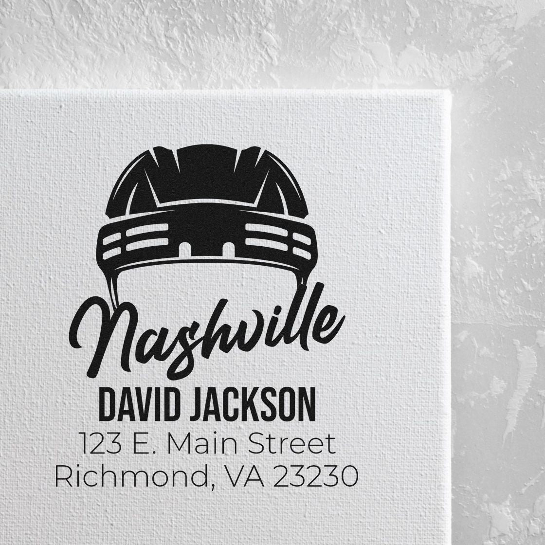 Personalized return address rubber stamp with firefighter helmet for Nashville, David Jackson, Richmond, VA 23230.