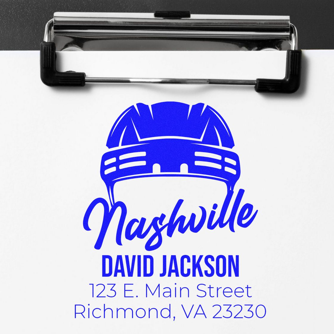 Custom Nashville rubber stamp design with personalized name and address for business branding, mail, or packaging.