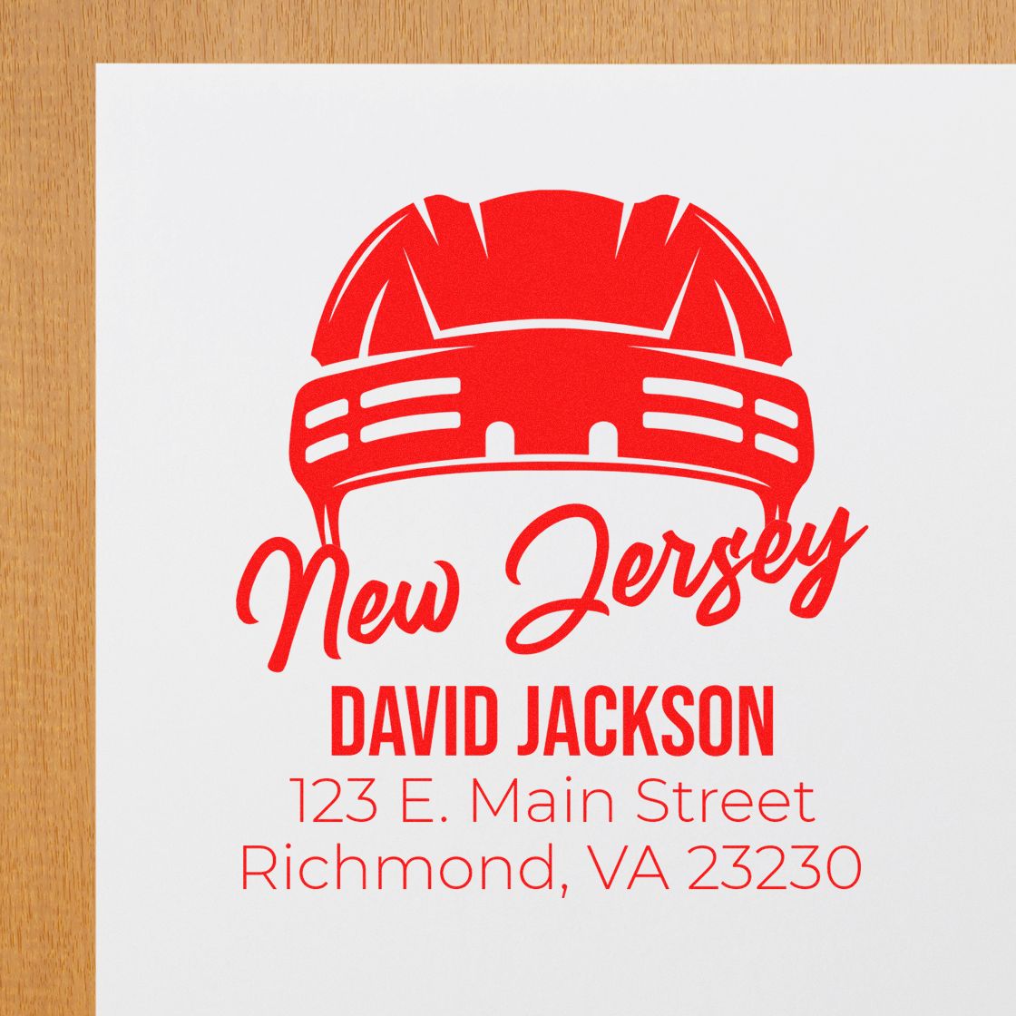 Custom New Jersey rubber stamp with hard hat logo, David Jackson name, and Richmond, VA 23230 address.