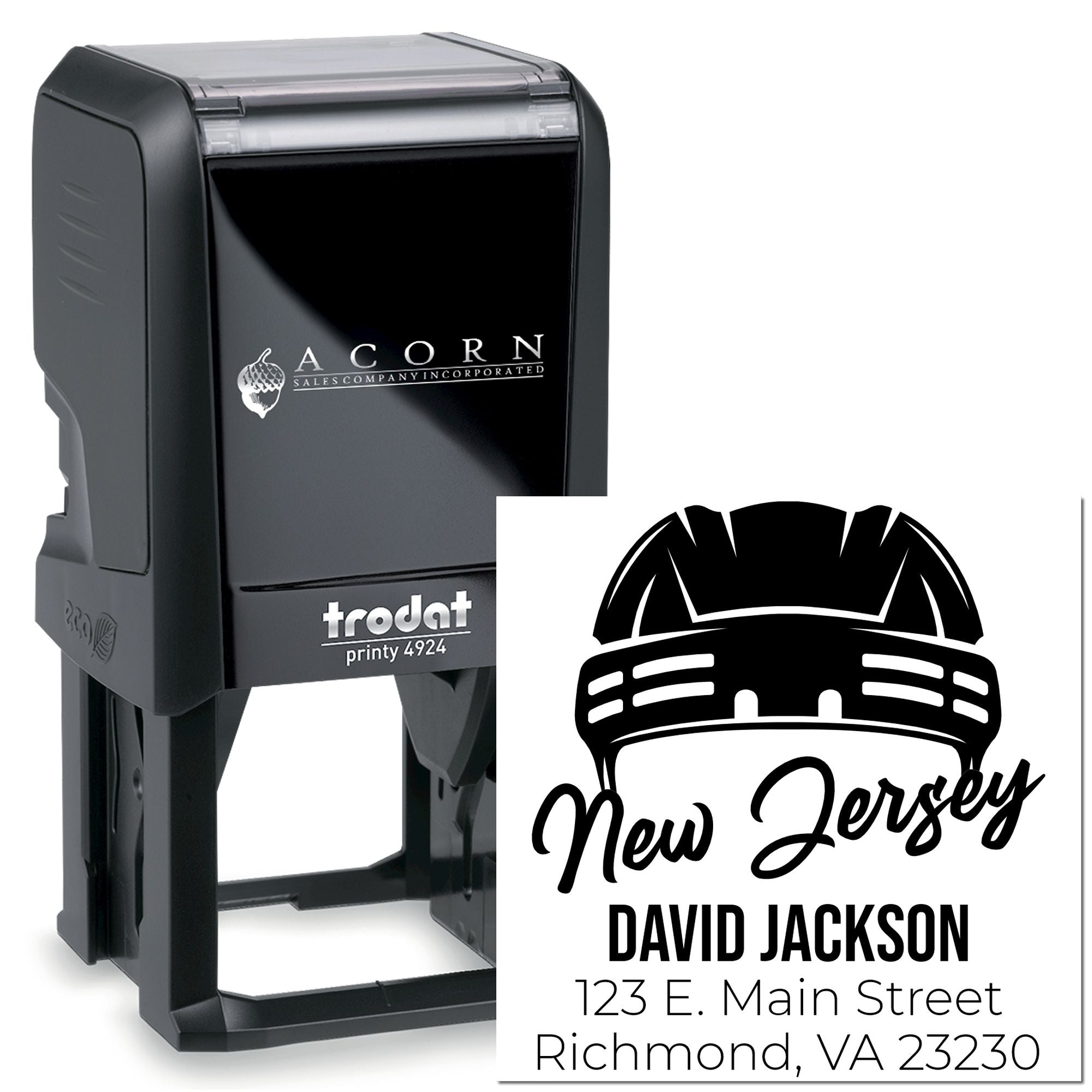Custom self-inking rubber stamp for return address labels, featuring a New Jersey name, address, and logo design.