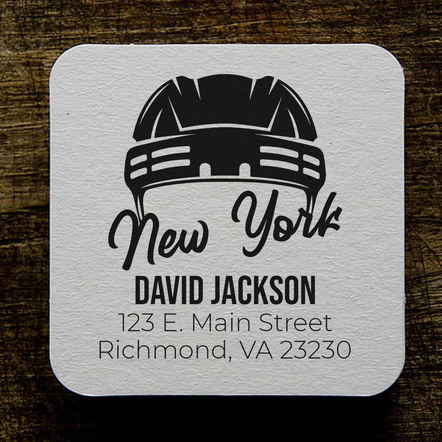 Custom firefighter address rubber stamp with New York helmet design for David Jackson, Richmond, VA.