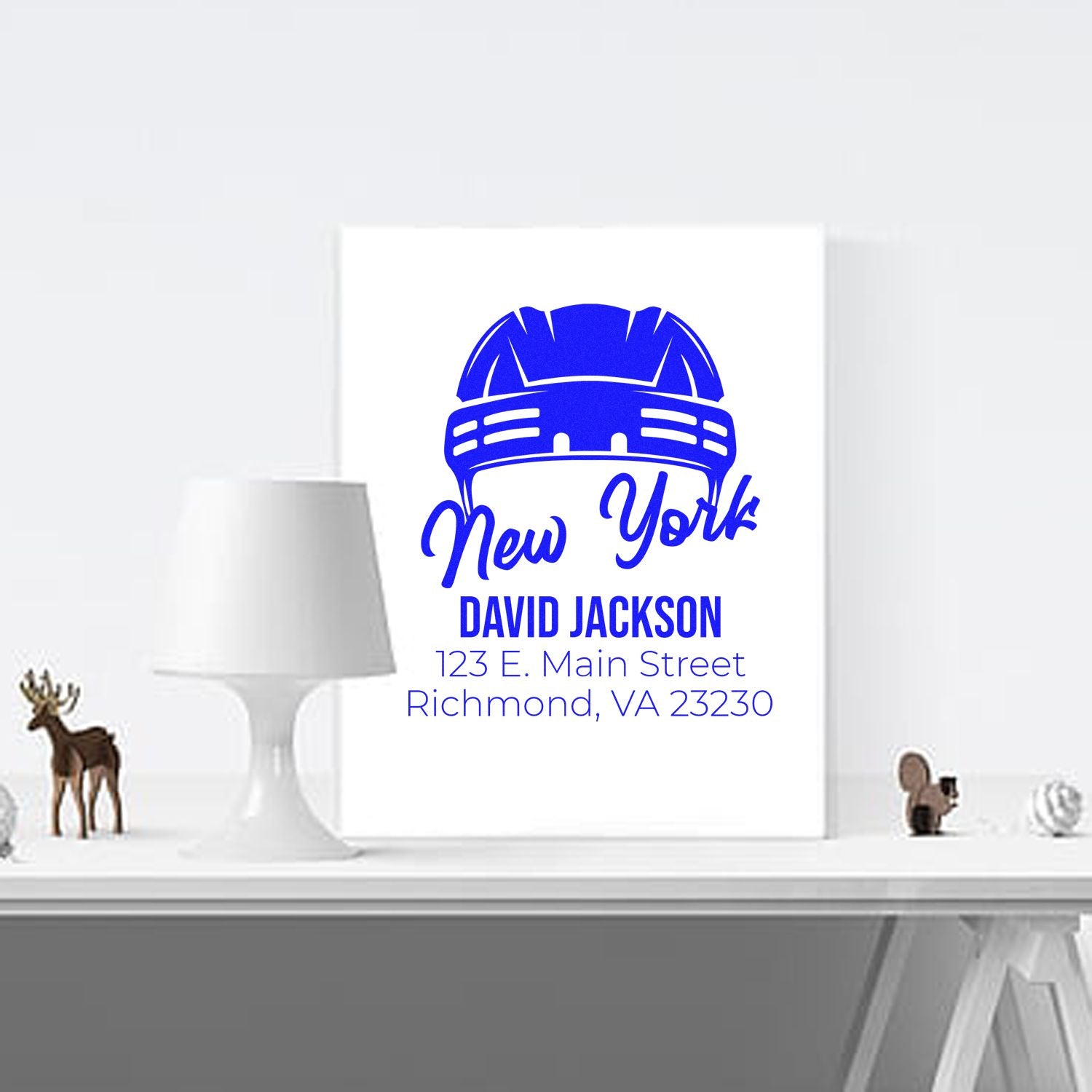 Custom rubber stamp mockup with New York hard hat design and David Jackson return address, Richmond, VA 23230.