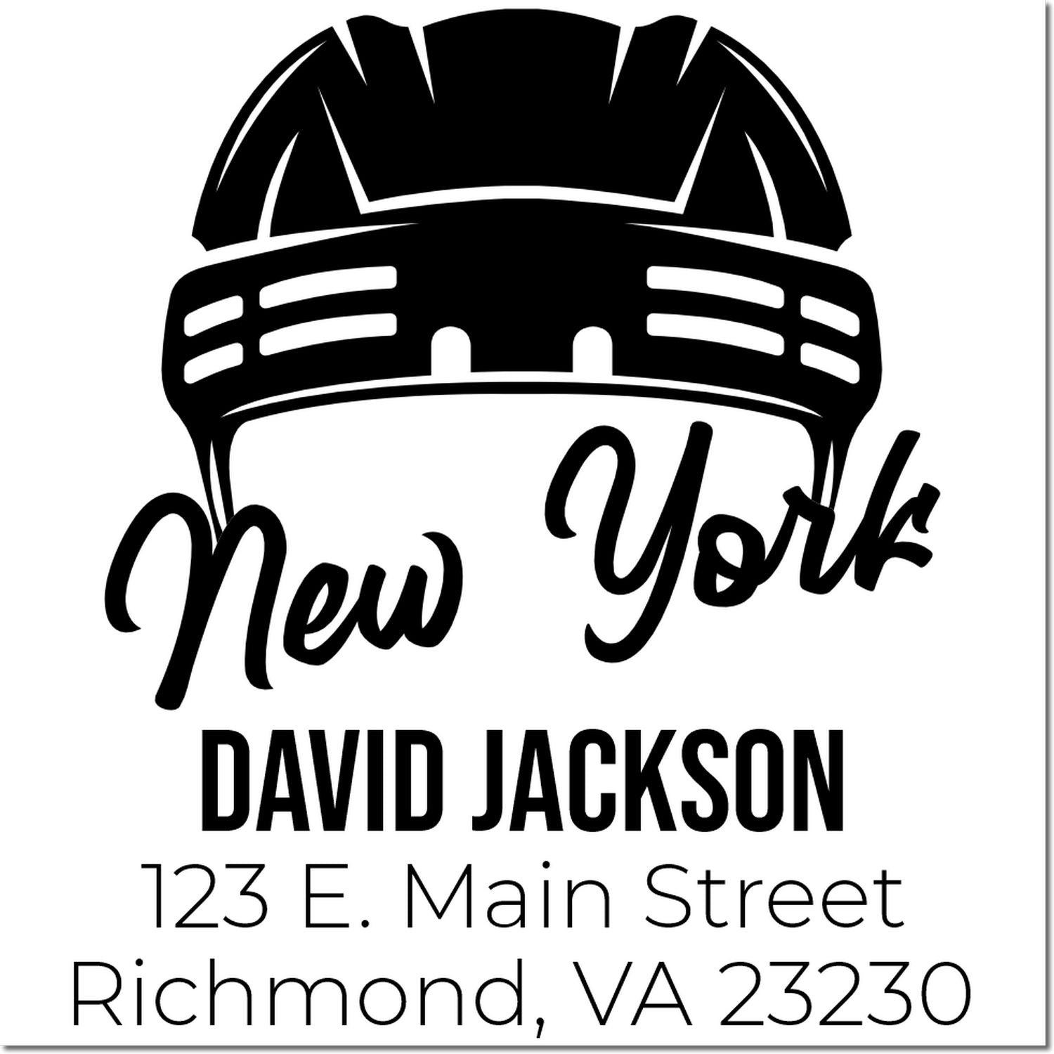 Custom address rubber stamp with hard hat logo, New York text, and David Jackson address in Richmond, VA 23230.