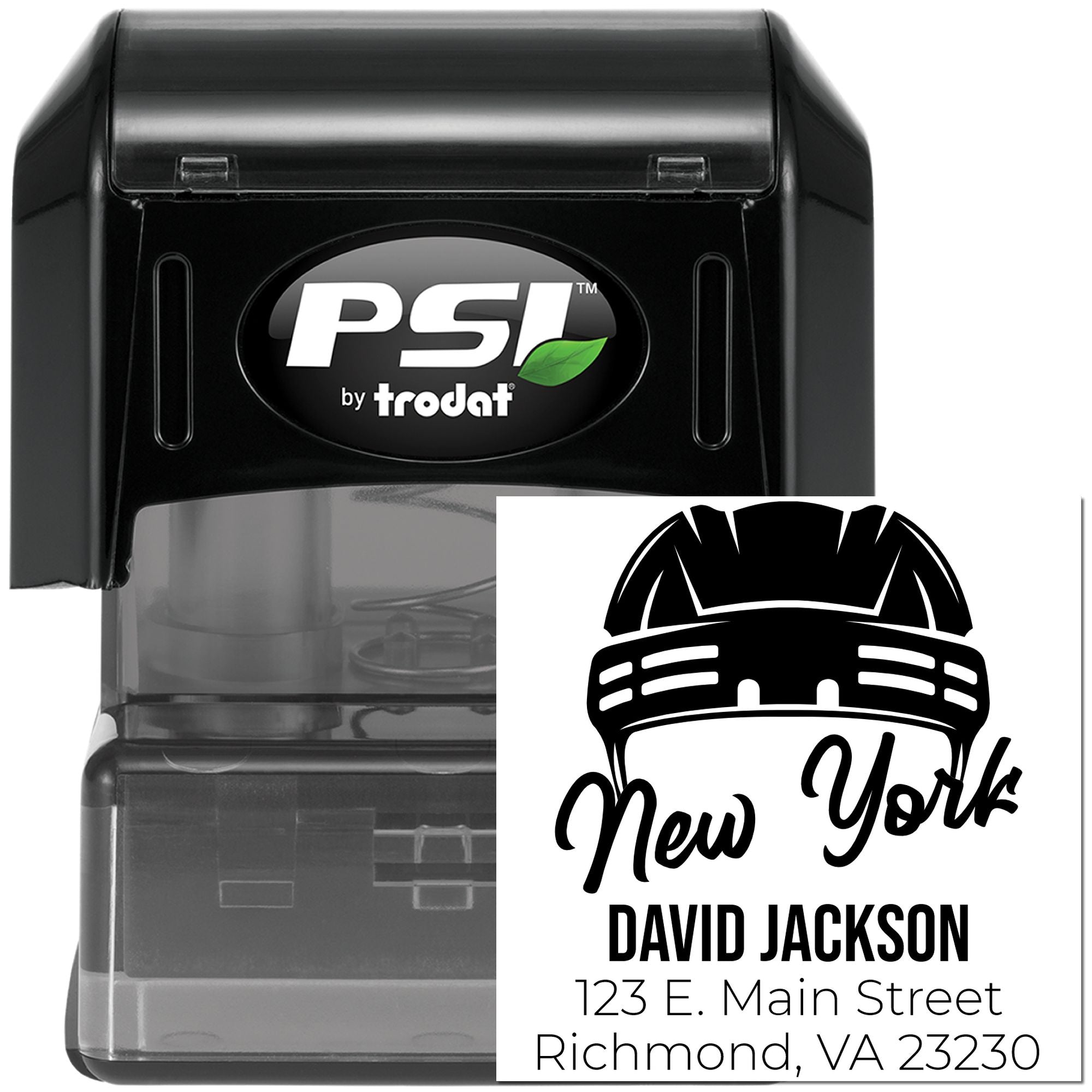 Custom self-inking rubber stamp by PSI Trodat with New York logo, name, and address for business mailing.