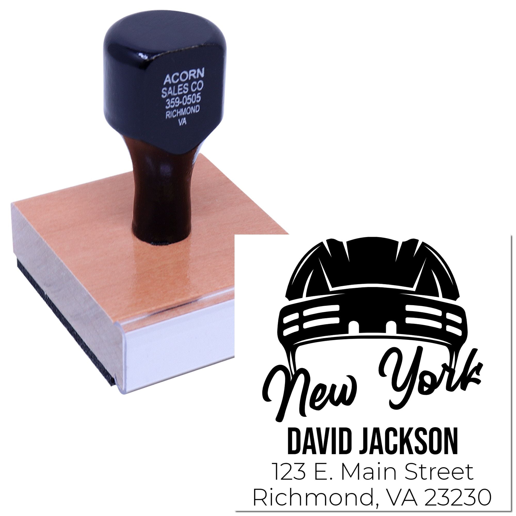 Custom rubber stamp with New York firefighter helmet logo, David Jackson name, and Richmond, VA return address.