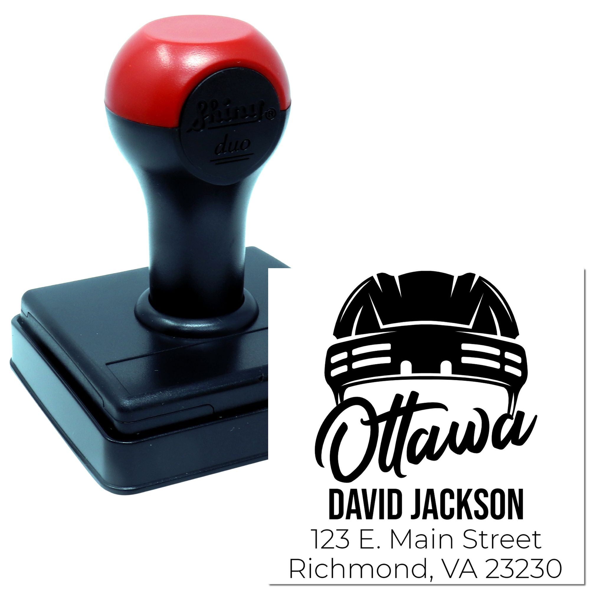 Custom Ottawa self-inking rubber address stamp with name and Richmond, VA return address design.