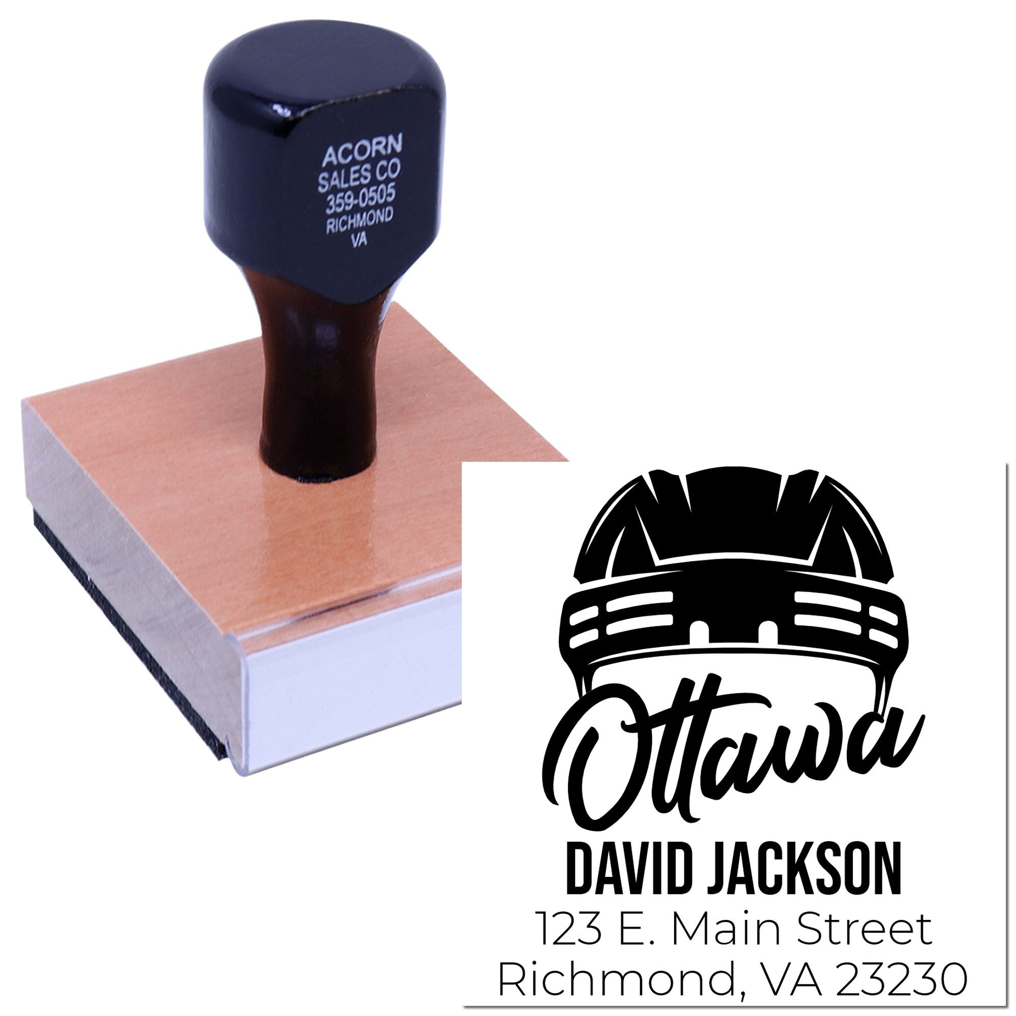 Custom Ottawa return address rubber stamp with logo, name, and Richmond, VA mailing details.