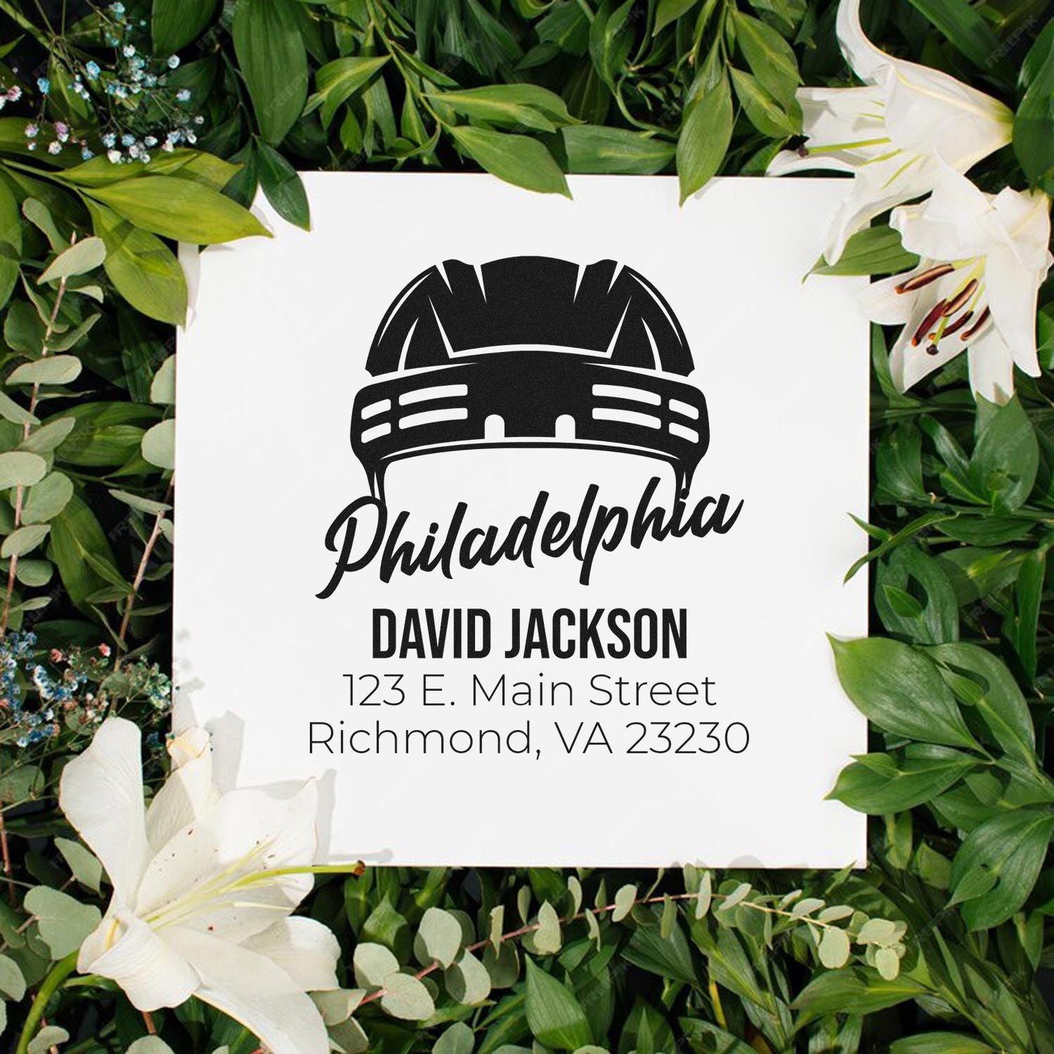 Custom Philadelphia rubber stamp with hard hat logo, David Jackson name, and Richmond, VA address for business branding.