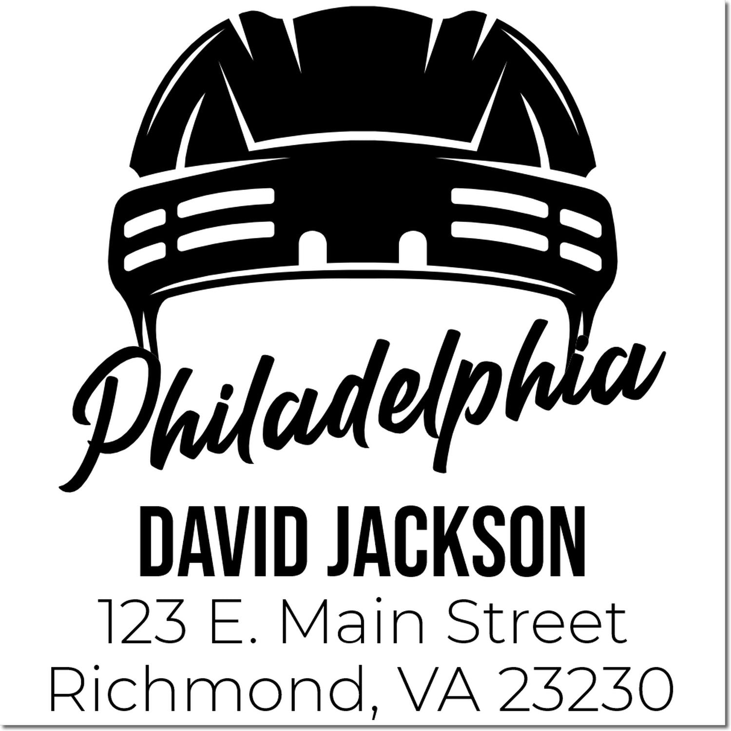 Custom construction rubber stamp with hard hat logo, Philadelphia, David Jackson, and Richmond VA address.