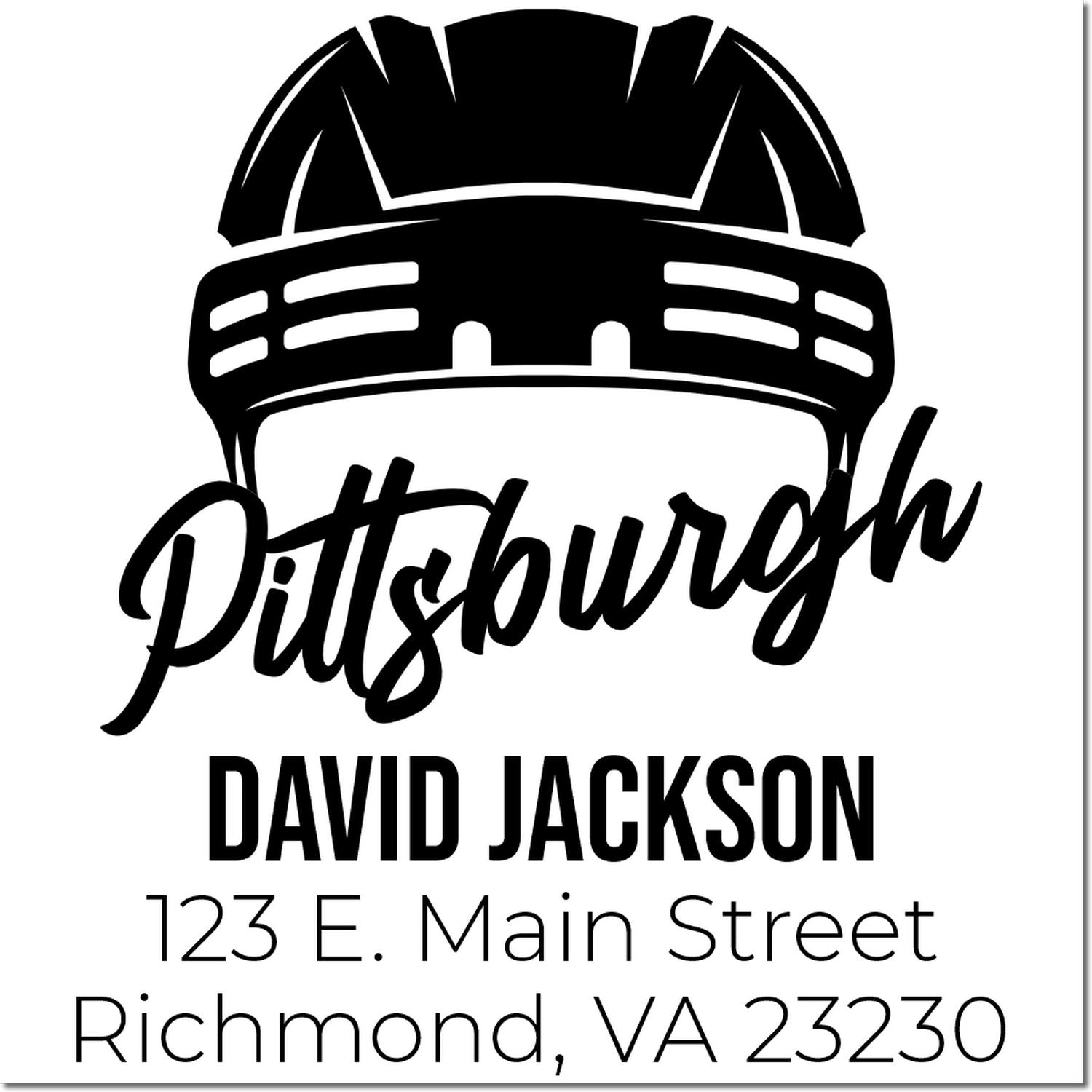 Custom Pittsburgh rubber stamp with football helmet, David Jackson return address stamp for 123 E. Main Street, Richmond, VA 23230