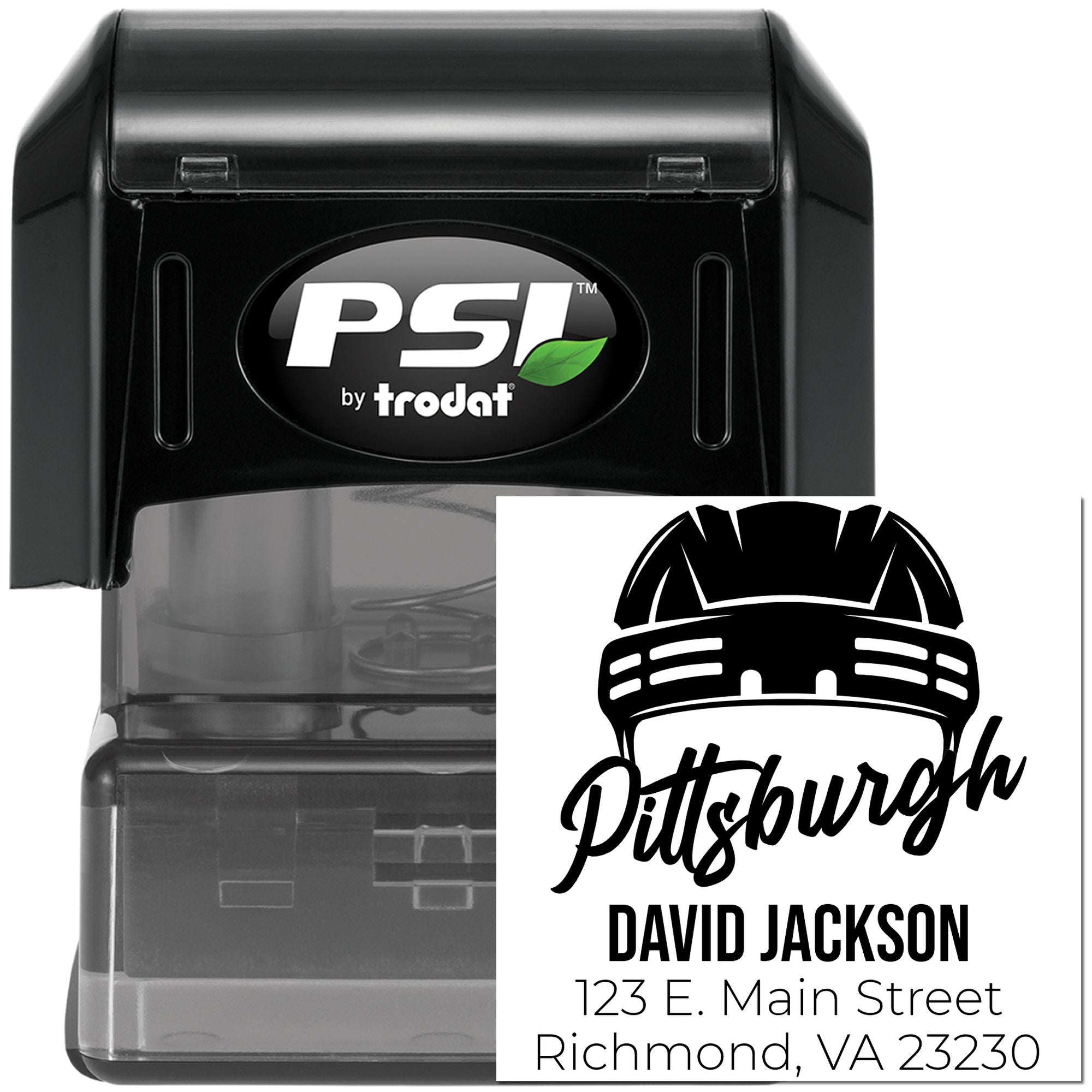 PSI by Trodat self-inking custom rubber stamp with Pittsburgh hard hat logo, name, and address for business mailing.