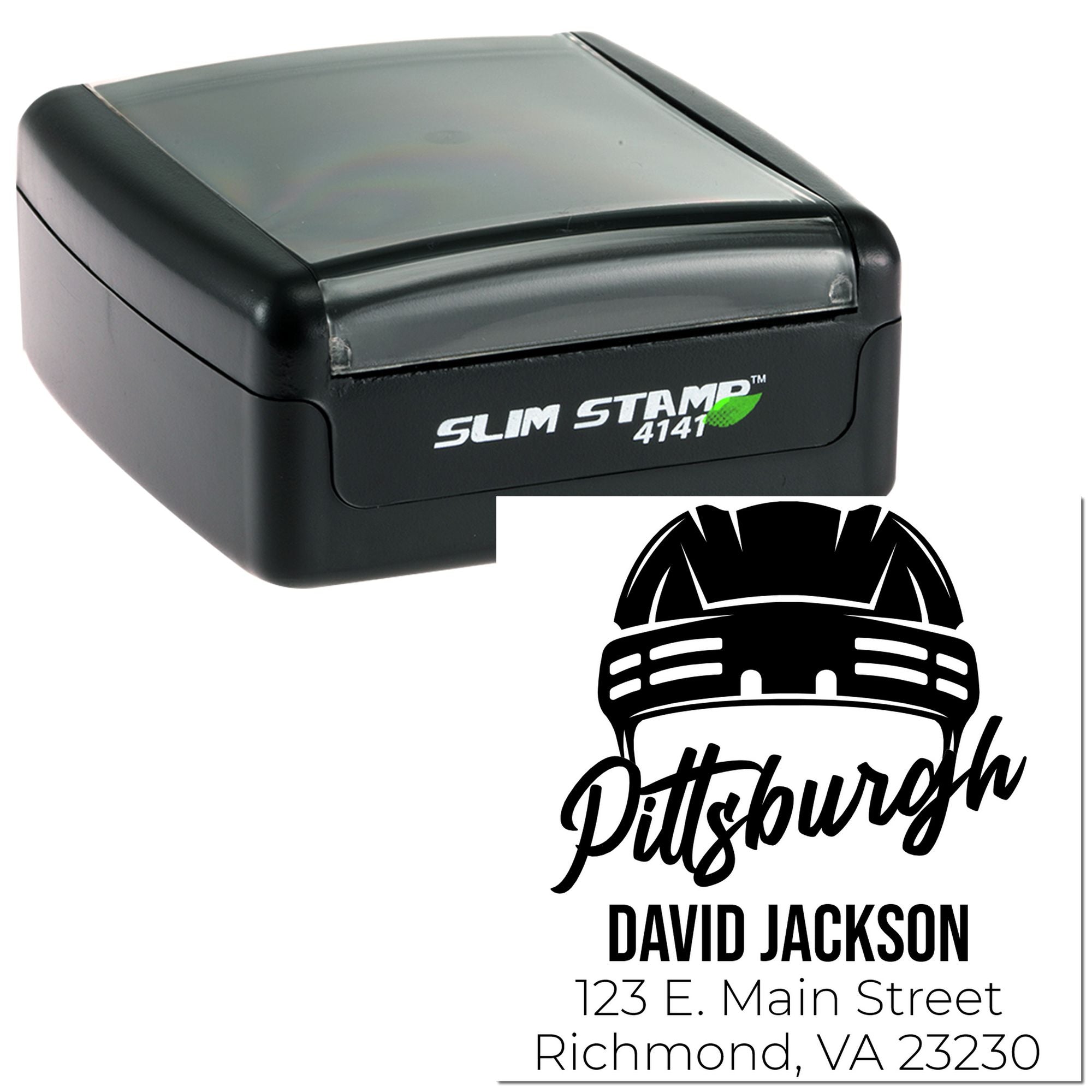 Slim Stamp custom rubber address stamp with Pittsburgh logo and David Jackson mailing address imprint.