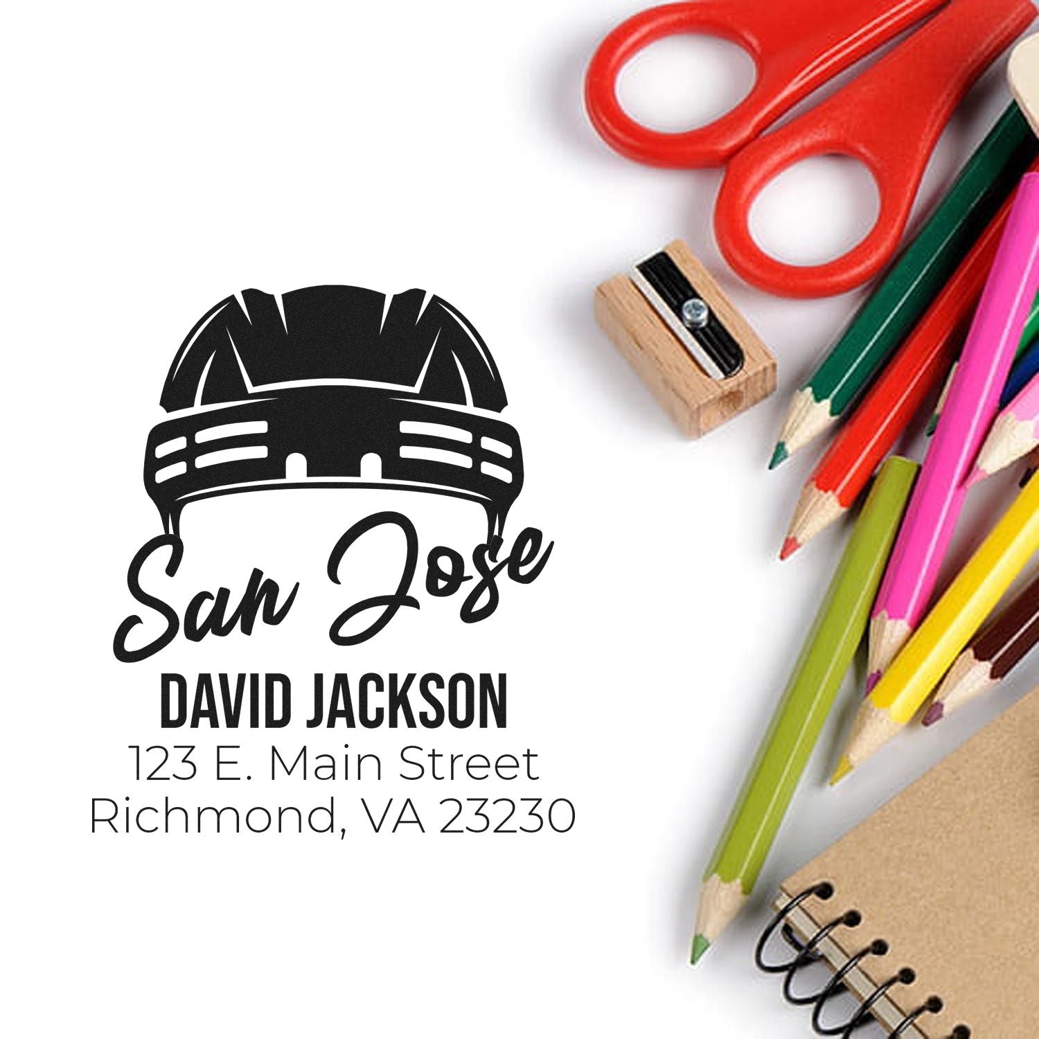 Custom rubber stamp design with name, address, and helmet logo for personalized stationery
