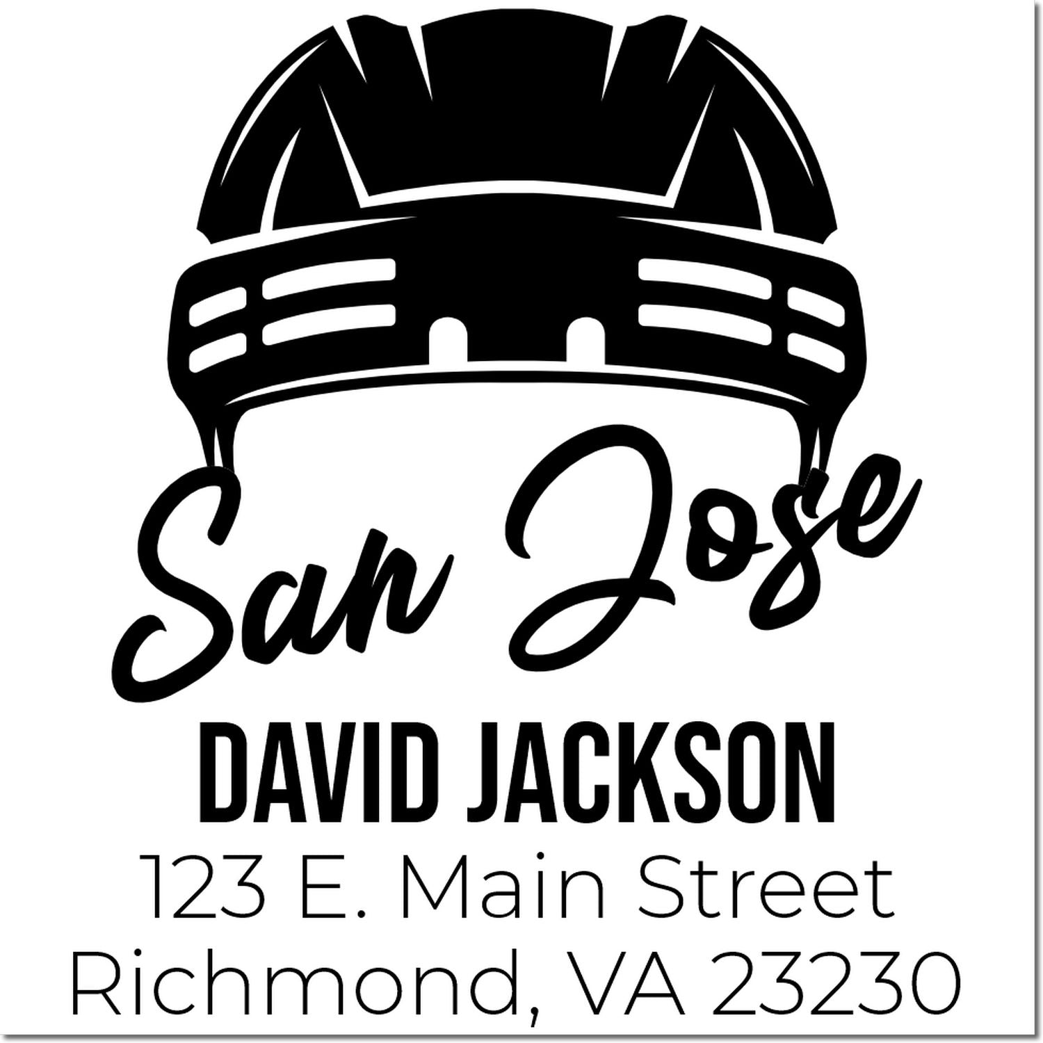 Custom rubber stamp with firefighter helmet logo, San Jose, David Jackson, and Richmond, VA return address.