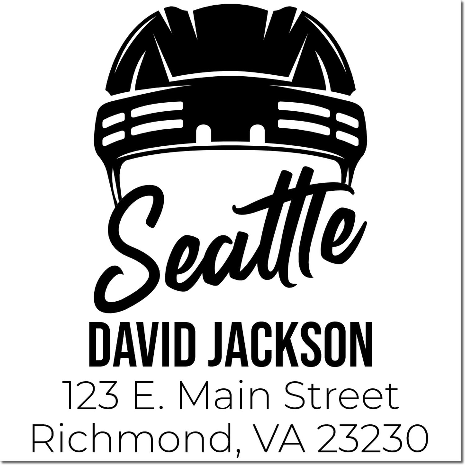 Custom hockey fan address rubber stamp with Seattle helmet graphic, David Jackson name, and Richmond, VA 23230 address.