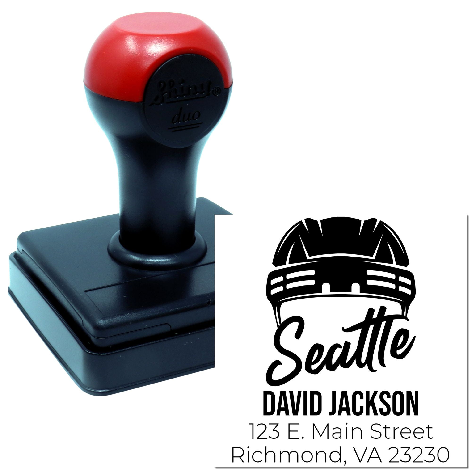 Custom self-inking rubber stamp with contractor hard hat logo, Seattle name, and Richmond VA address.