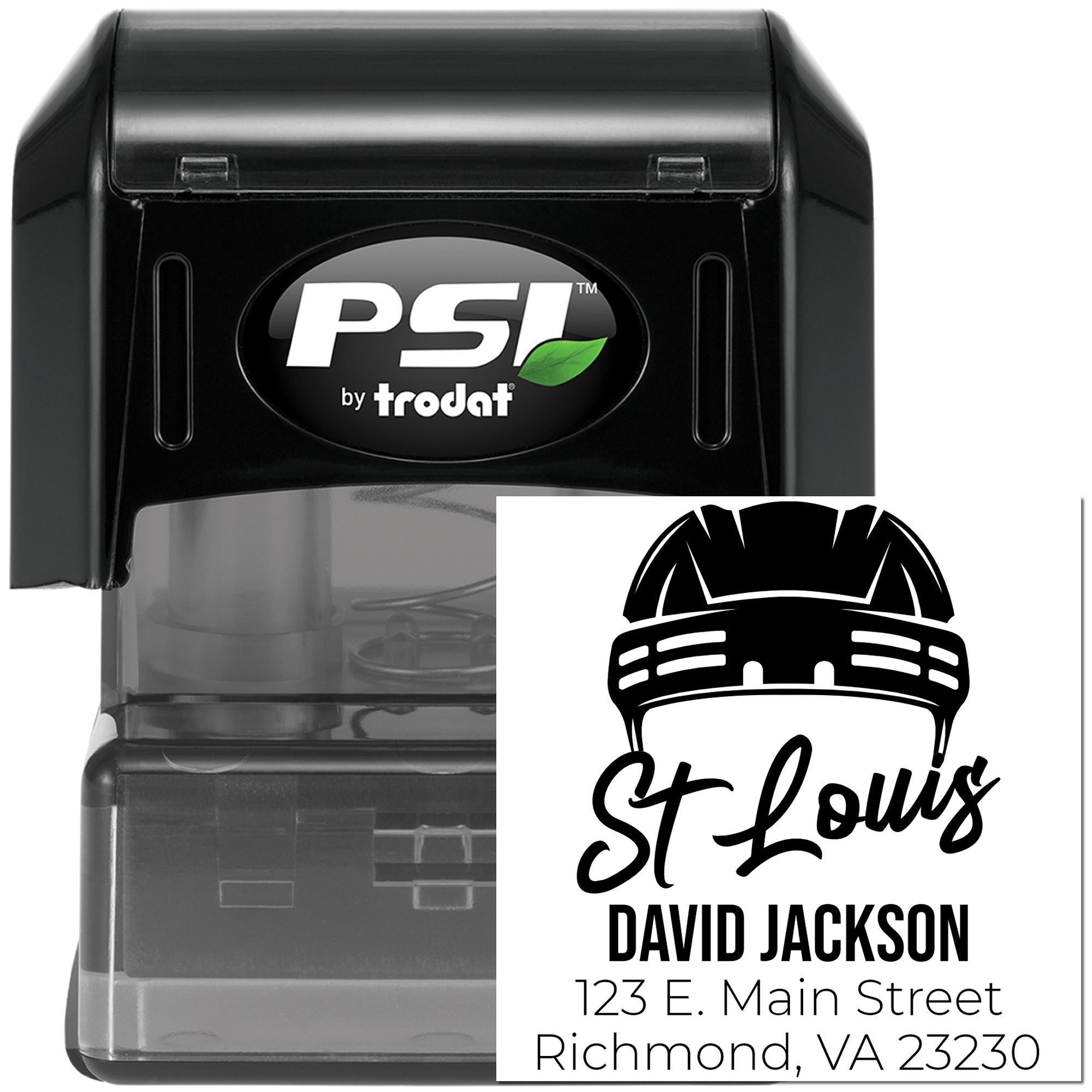 PSI by Trodat custom self-inking rubber stamp with St. Louis return address design for David Jackson.