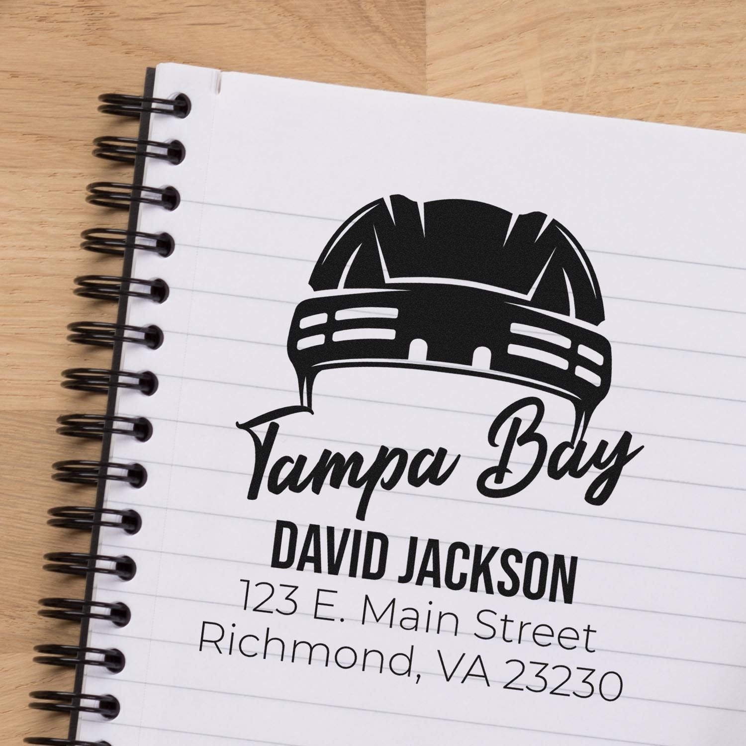 Custom Tampa Bay rubber address stamp with David Jackson name and Richmond, VA 23230 for personalized mailing.