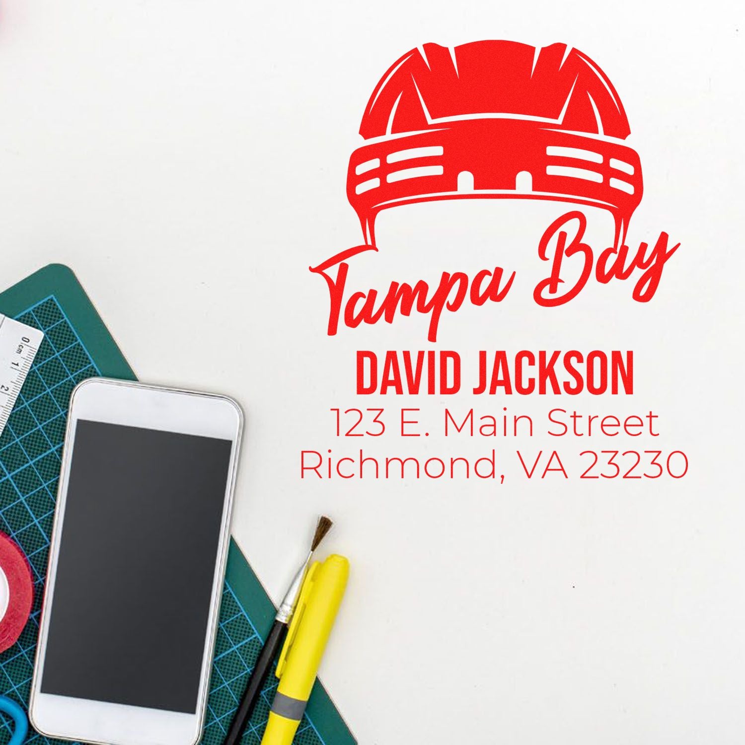 Custom Tampa Bay rubber stamp design with helmet logo, David Jackson name, and Richmond, VA address.