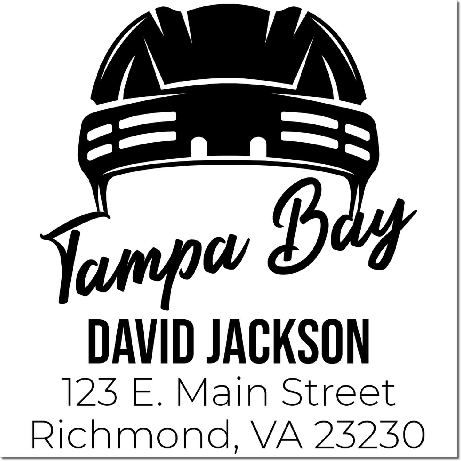 Custom Tampa Bay firefighter helmet rubber stamp with David Jackson, 123 E. Main Street, Richmond, VA 23230.