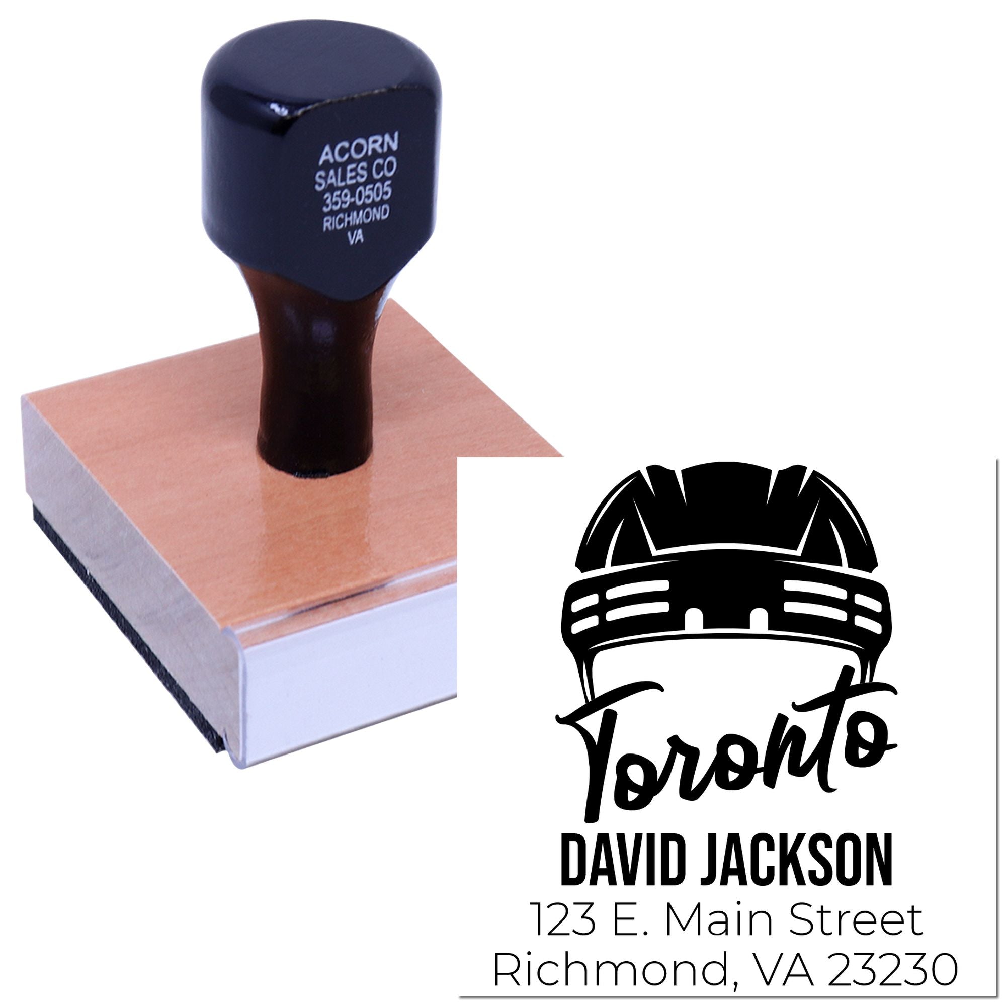 Custom rubber stamp with personalized logo, name, and address for business branding and return mailing.