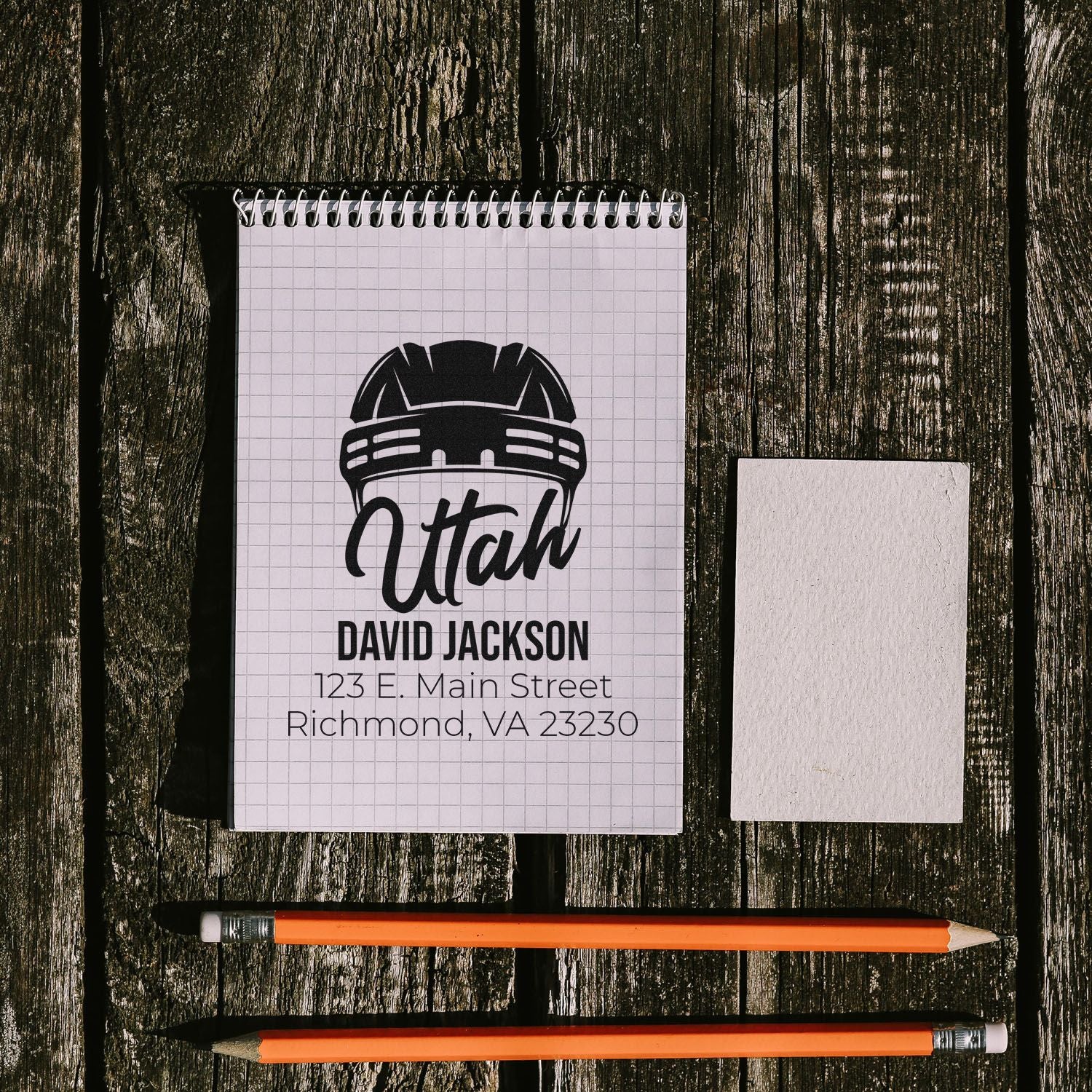 Custom return address rubber stamp design with Utah helmet logo, David Jackson name, and Richmond, VA address mockup.