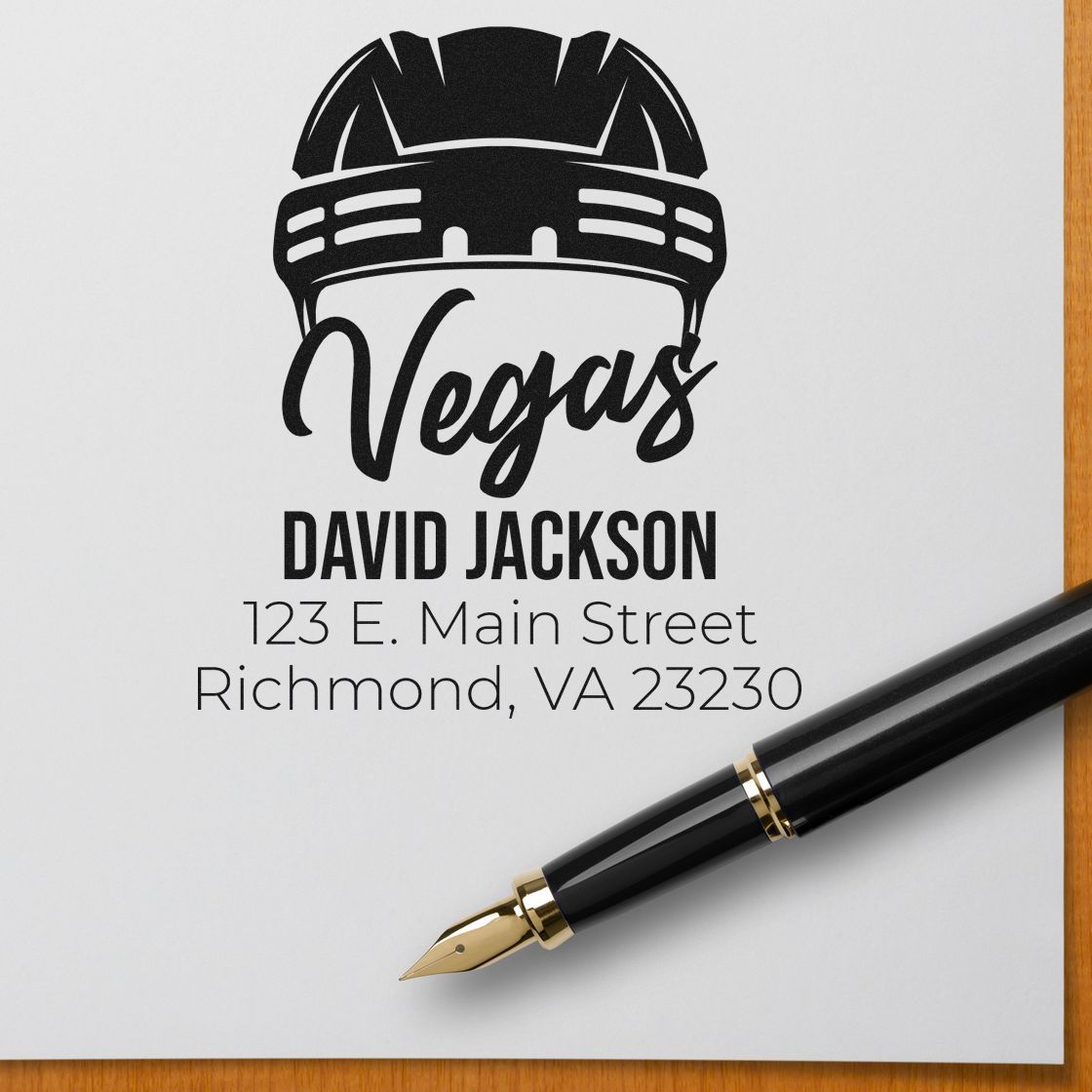 Custom return address rubber stamp with Vegas helmet logo, David Jackson name, and Richmond, VA address.