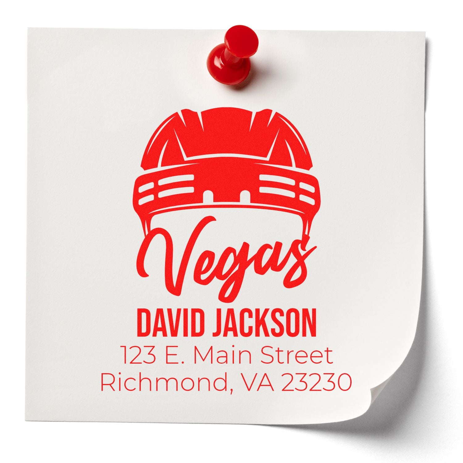 Personalized address rubber stamp mockup with Vegas hard hat logo, David Jackson name, and Richmond, VA address.