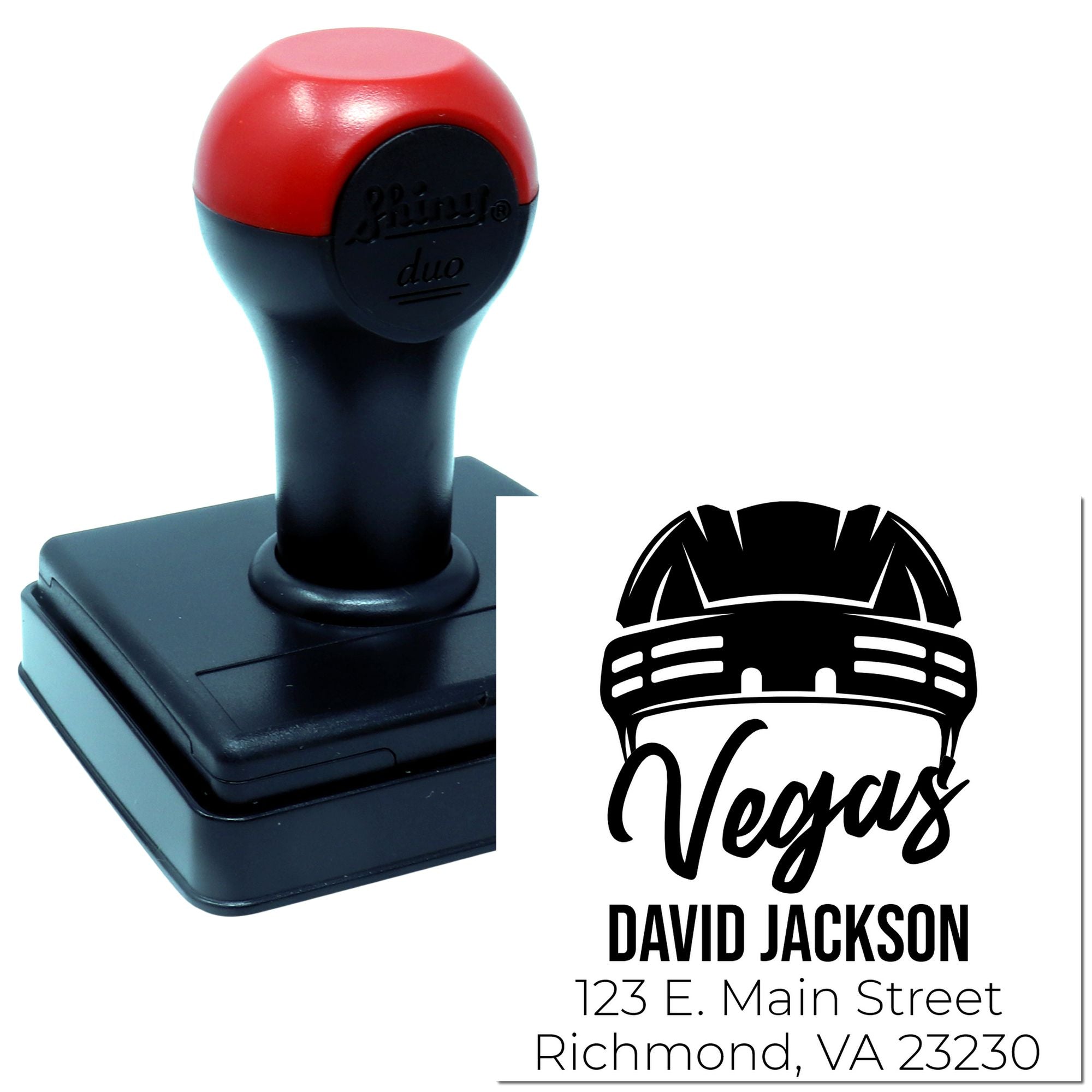 Custom self-inking rubber stamp with Vegas logo, name, and address for personalized business, return address, or mailing use.