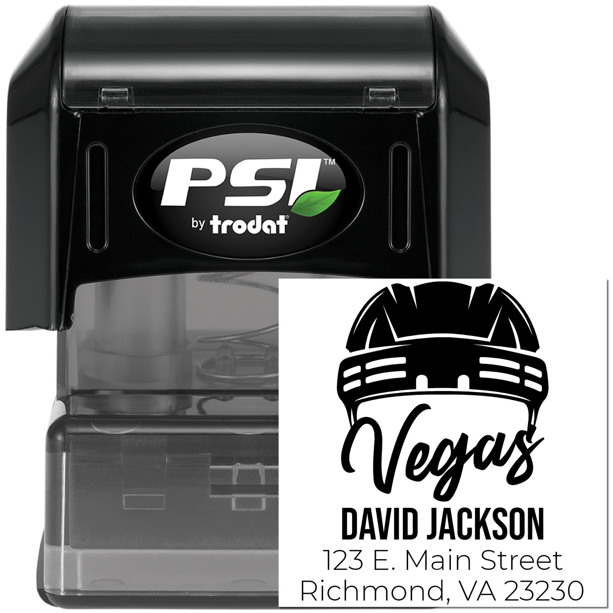 Custom self-inking rubber stamp by PSI Trodat with Vegas design, David Jackson name, and Richmond VA address.